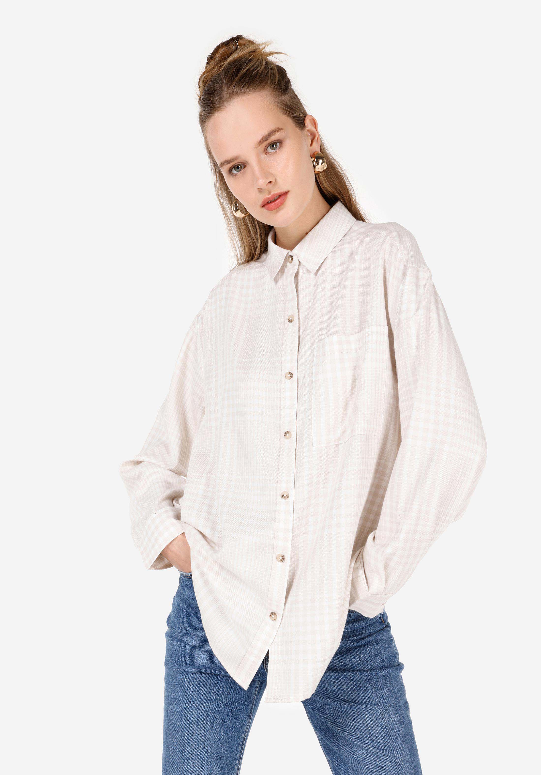 Relax Fit Shirt Neck  Kadın Ekru Uzun Kol Gömlek