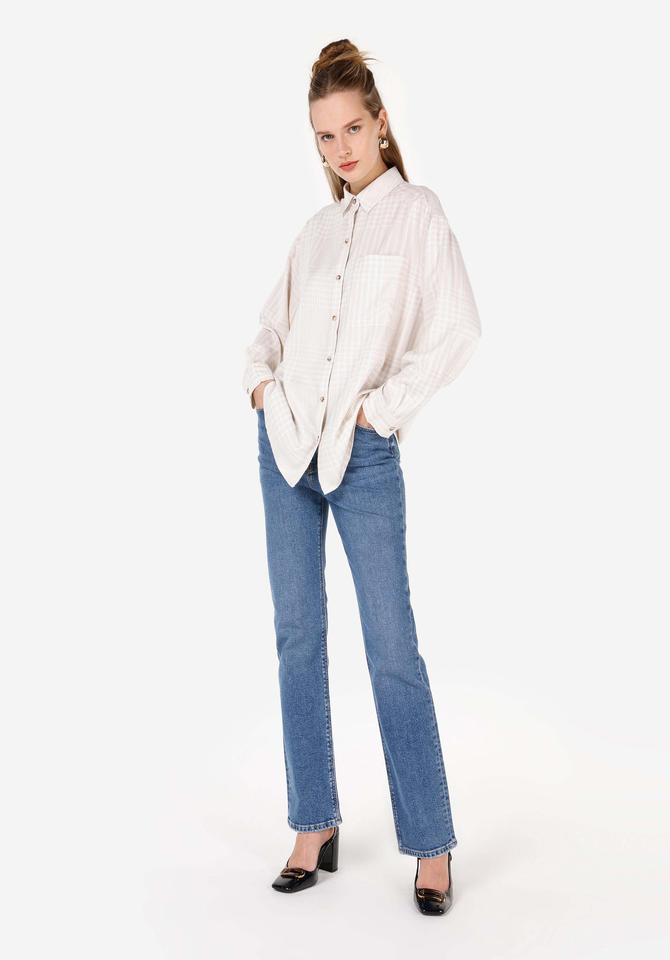 Relax Fit Shirt Neck  Kadın Ekru Uzun Kol Gömlek