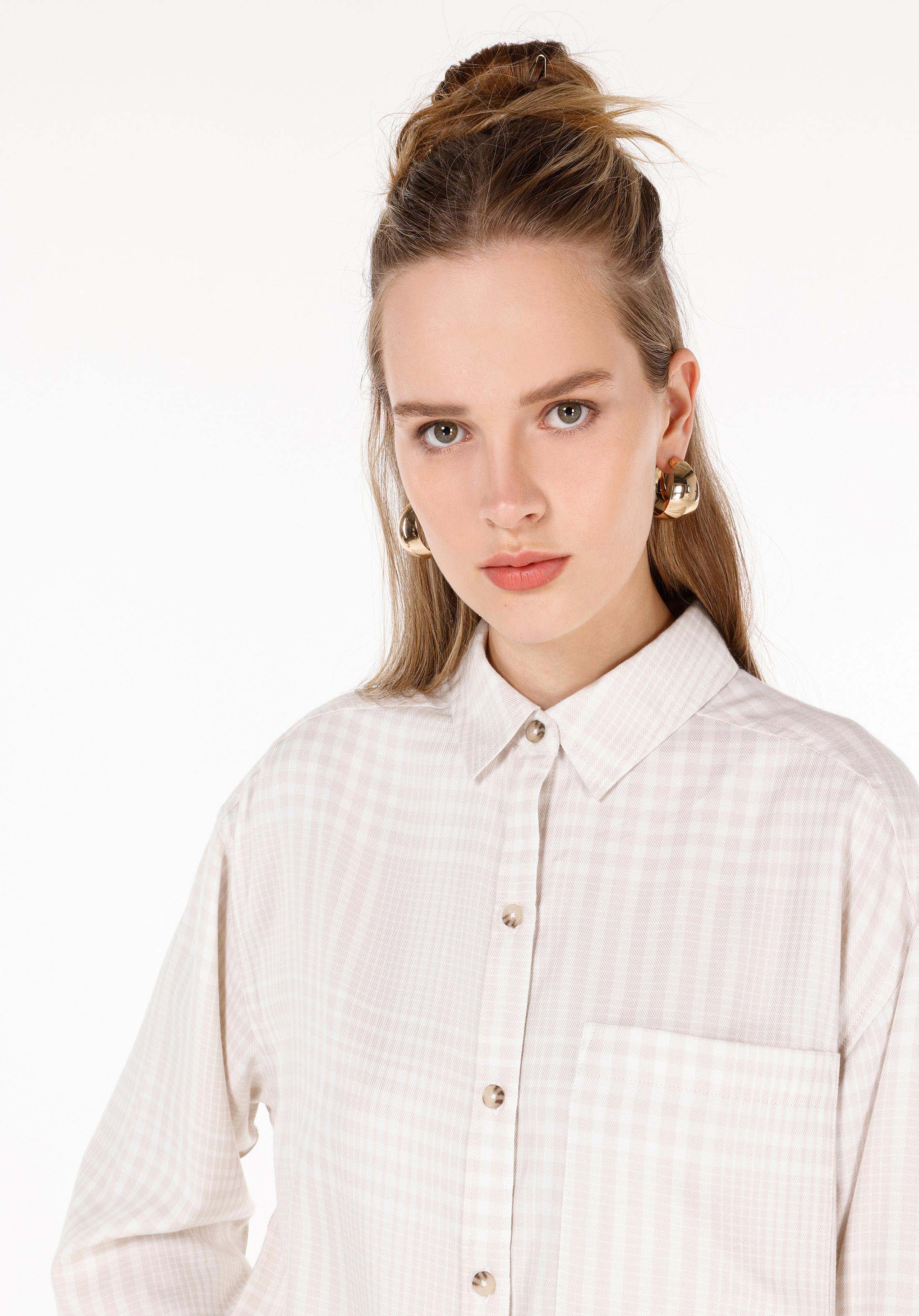 Relax Fit Shirt Neck  Kadın Ekru Uzun Kol Gömlek