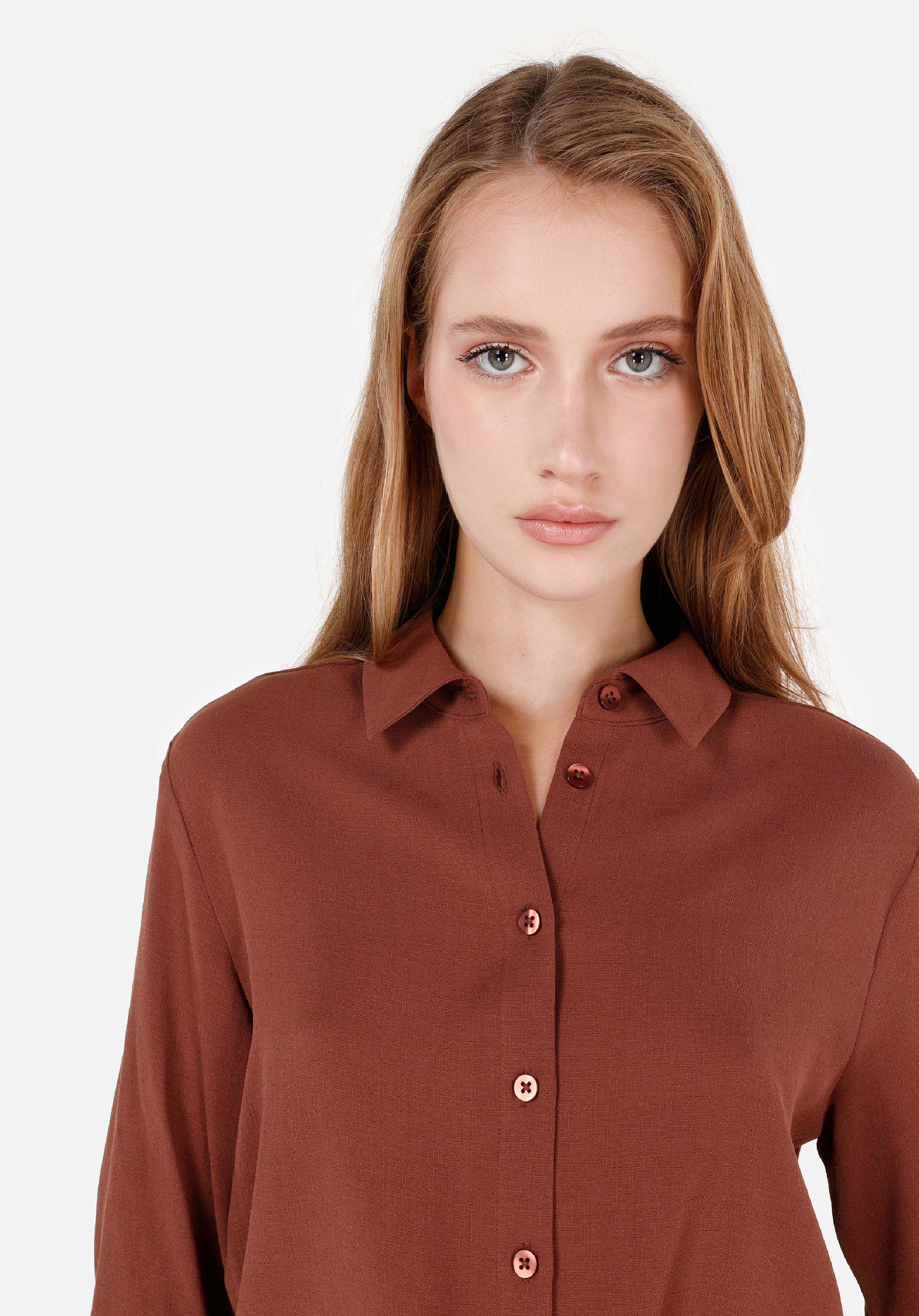 Regular Fit Shirt Neck  Kadın Kahverengi Roll-up Gömlek
