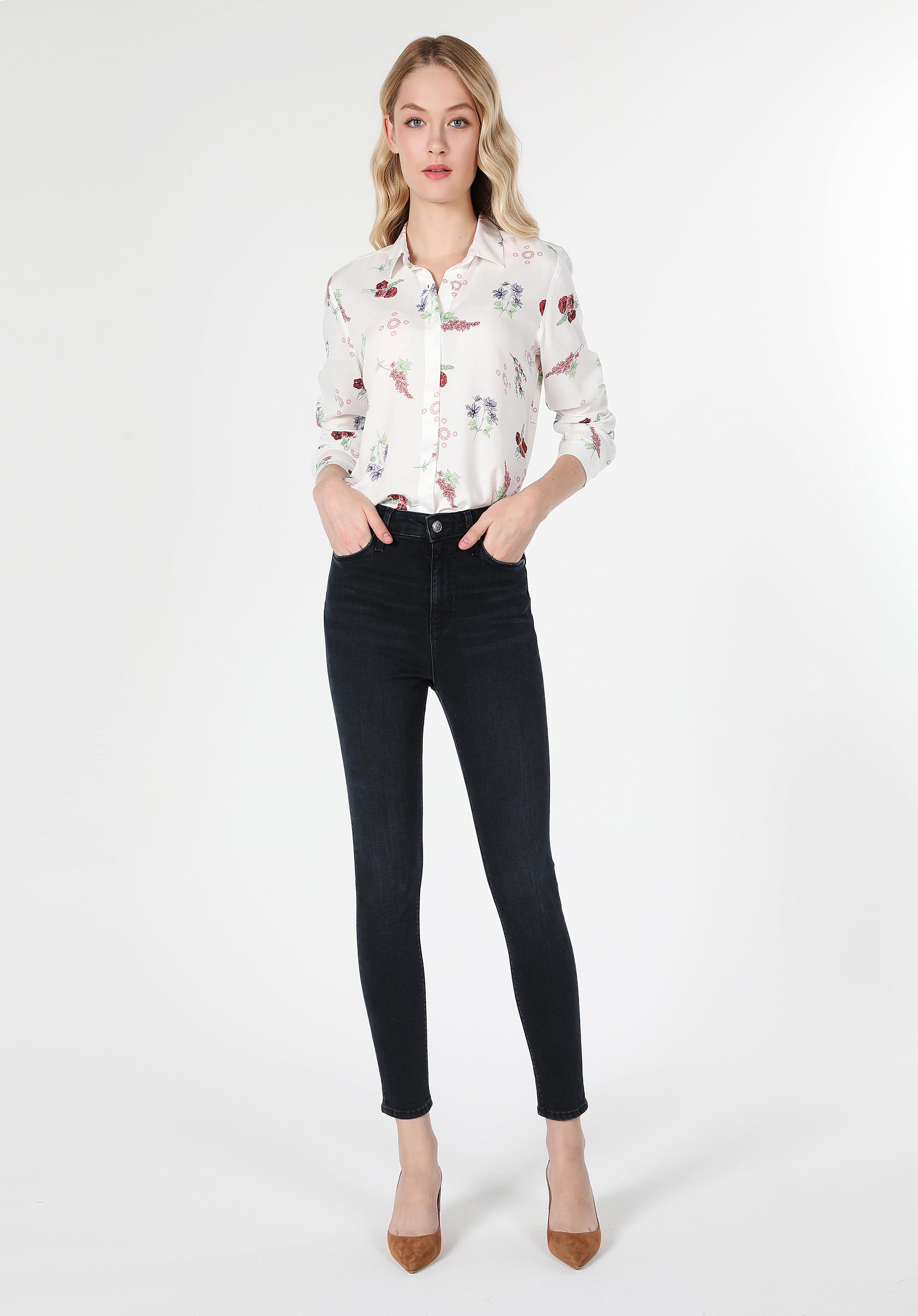 Skinny Fit Yüksel Bel Dar Paça Kadın Koyu İndigo Jean Pantolon