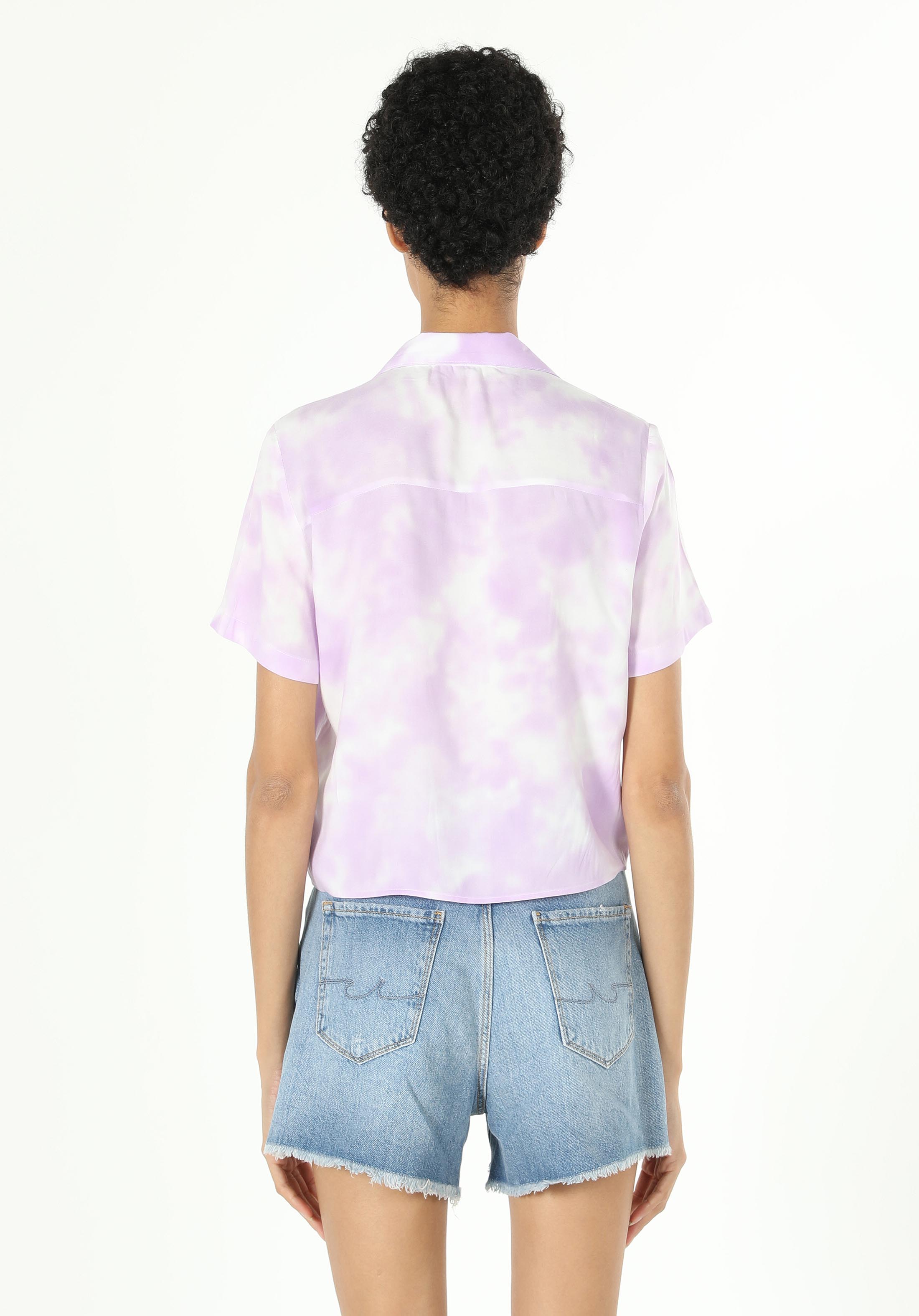 Regular Fit Shirt Neck  Kadın Mor Kısa Kol Gömlek
