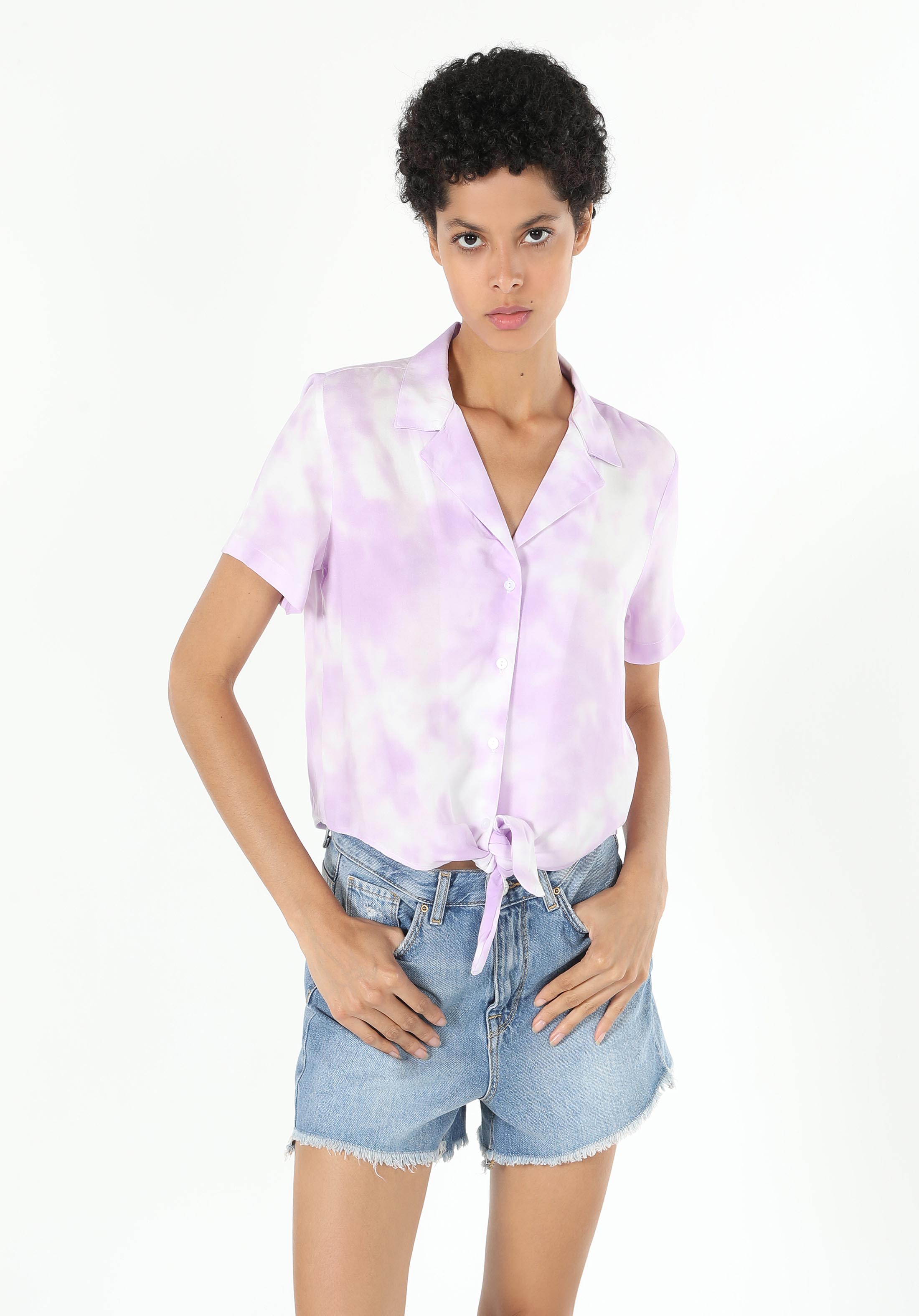 Regular Fit Shirt Neck  Kadın Mor Kısa Kol Gömlek