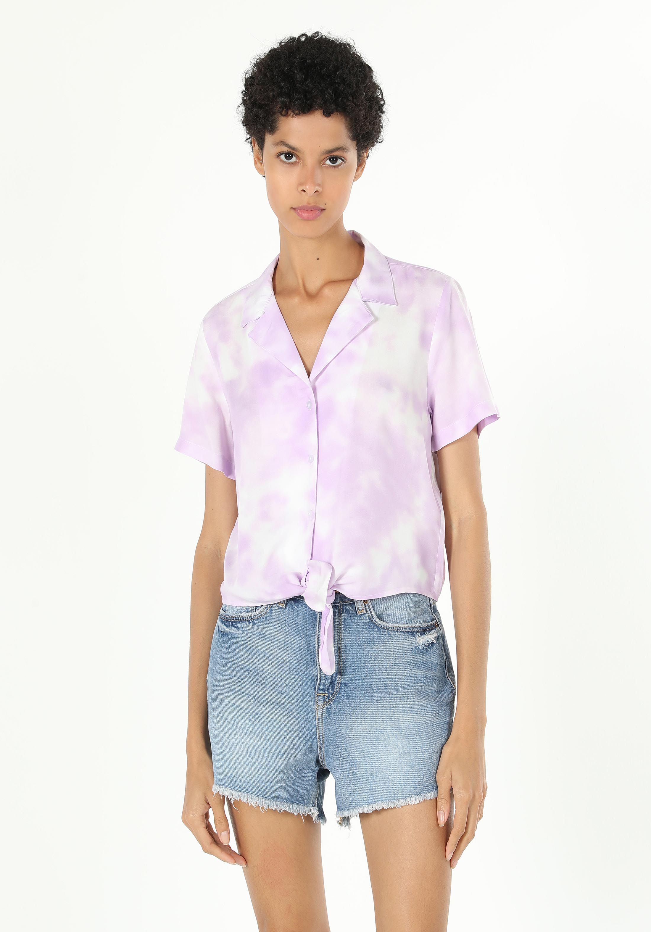 Regular Fit Shirt Neck  Kadın Mor Kısa Kol Gömlek