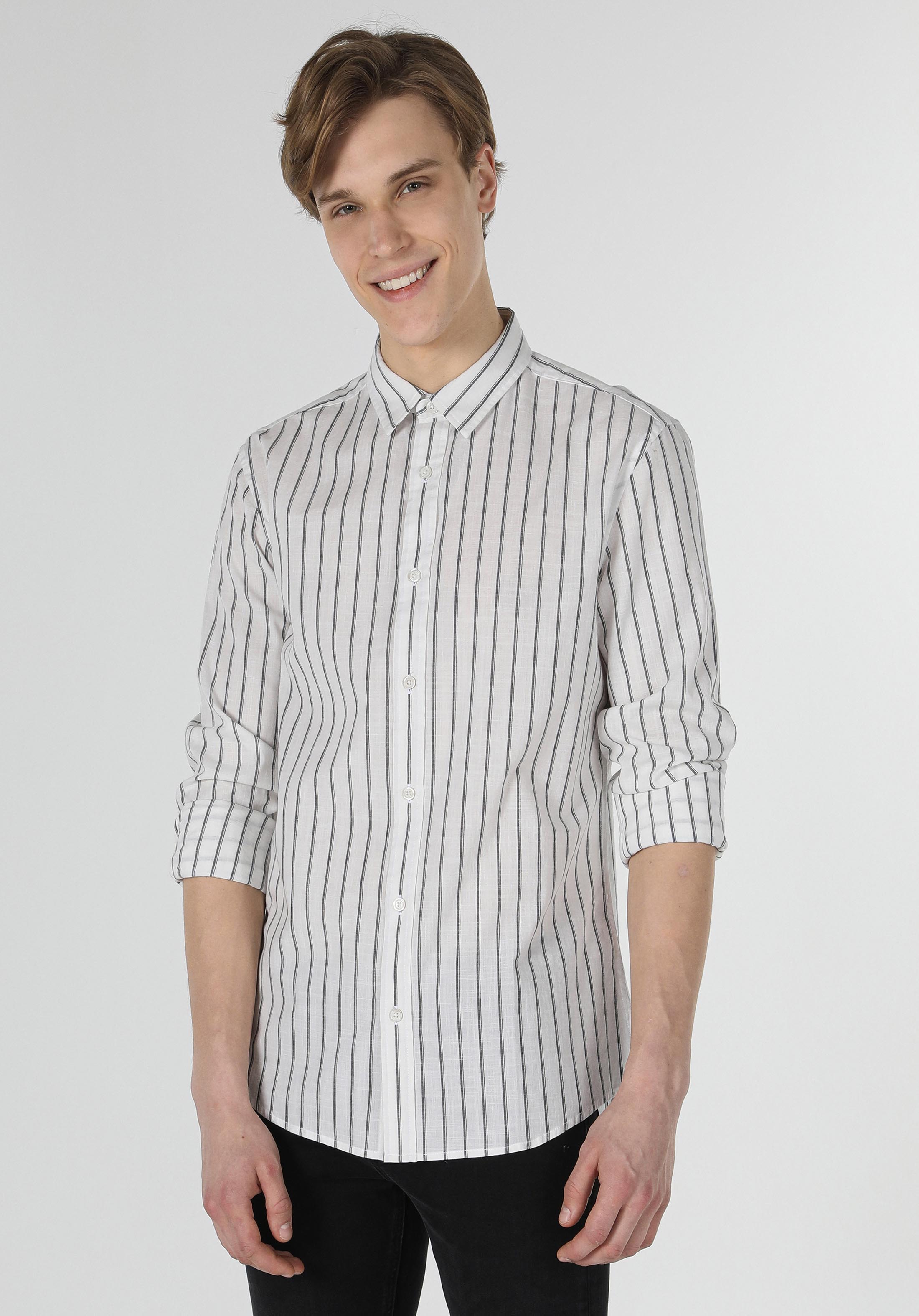 Slim Fit Shirt Neck Çizgili Erkek Beyaz Uzun Kol Gömlek