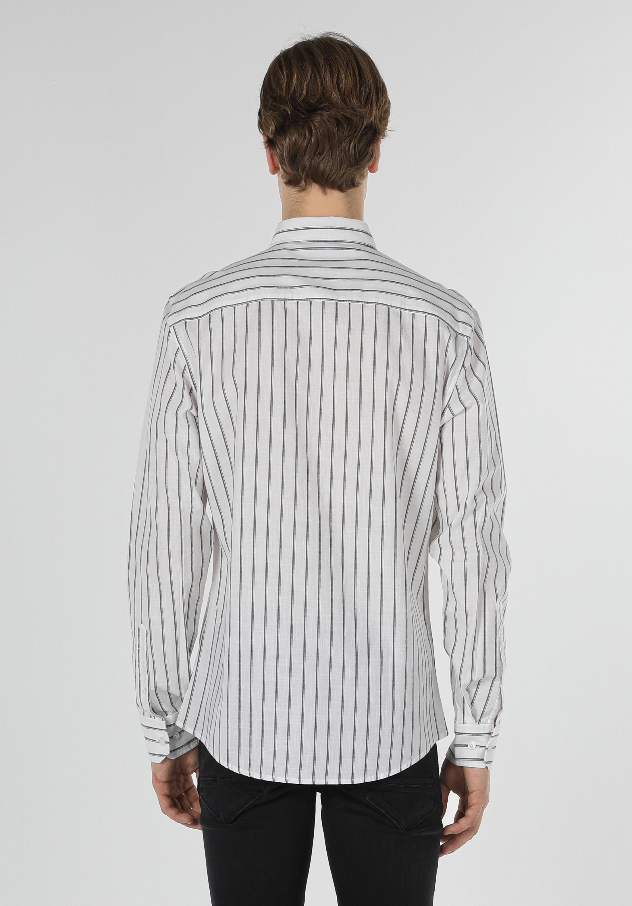 Slim Fit Shirt Neck Çizgili Erkek Beyaz Uzun Kol Gömlek