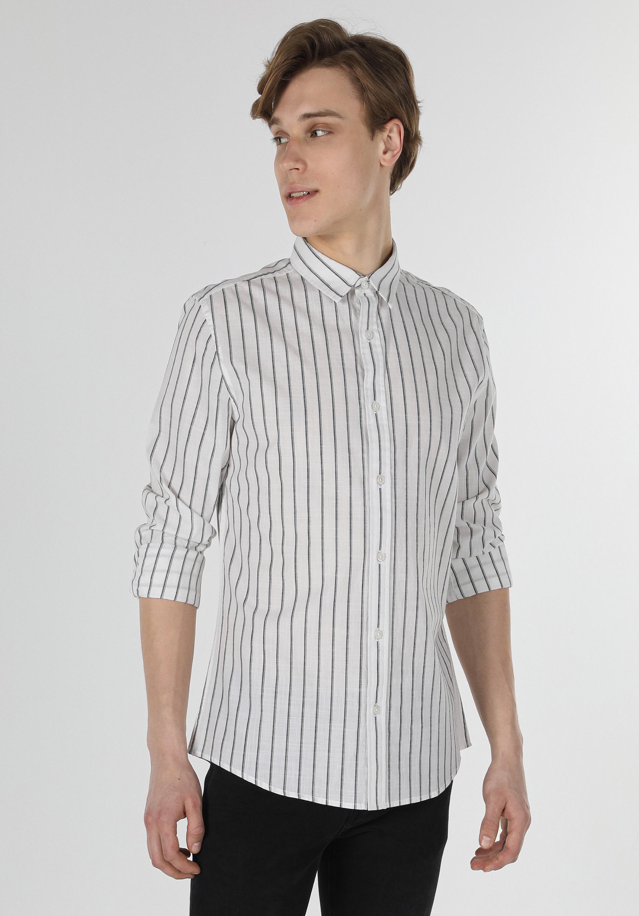 Slim Fit Shirt Neck Çizgili Erkek Beyaz Uzun Kol Gömlek