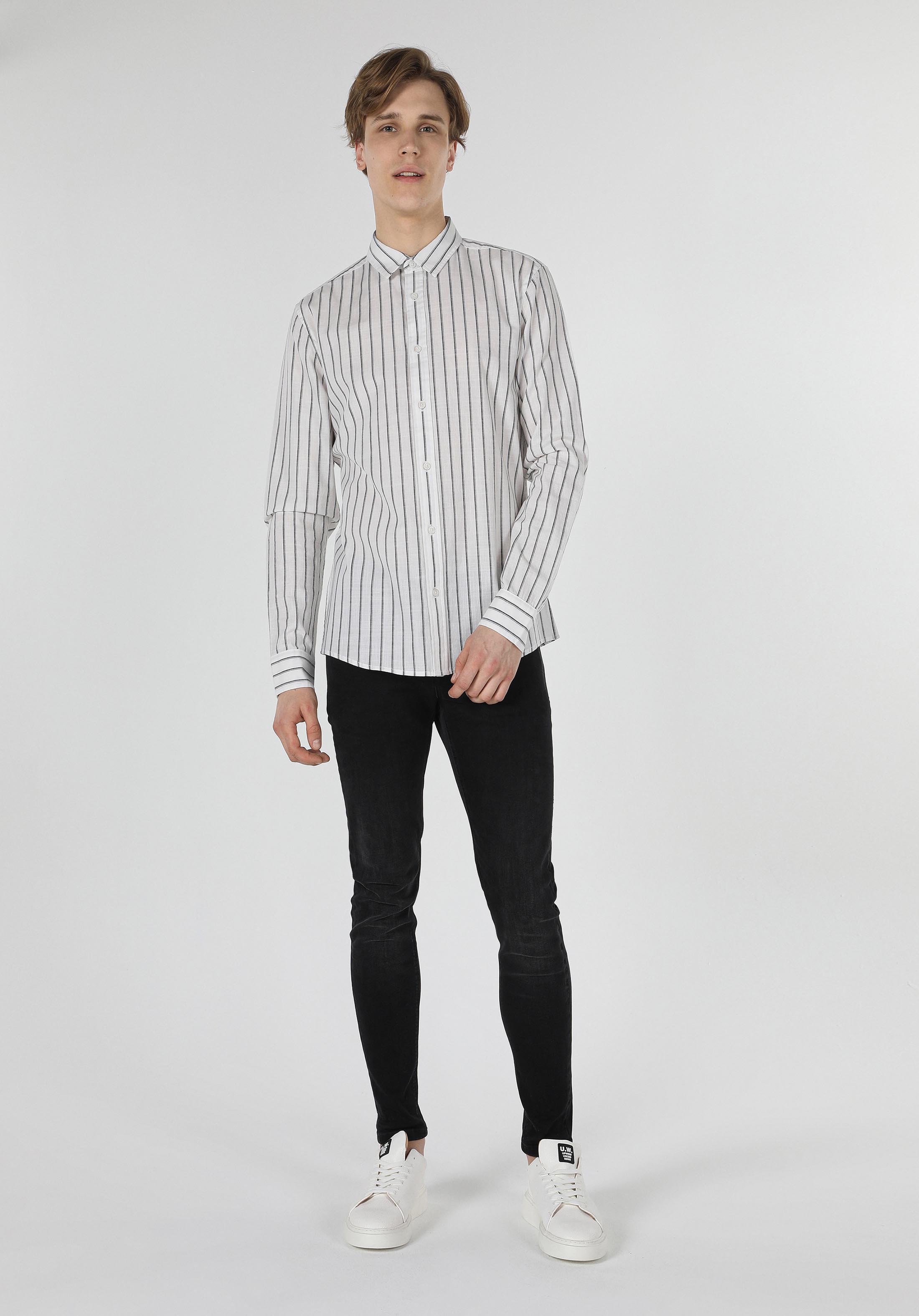 Slim Fit Shirt Neck Çizgili Erkek Beyaz Uzun Kol Gömlek