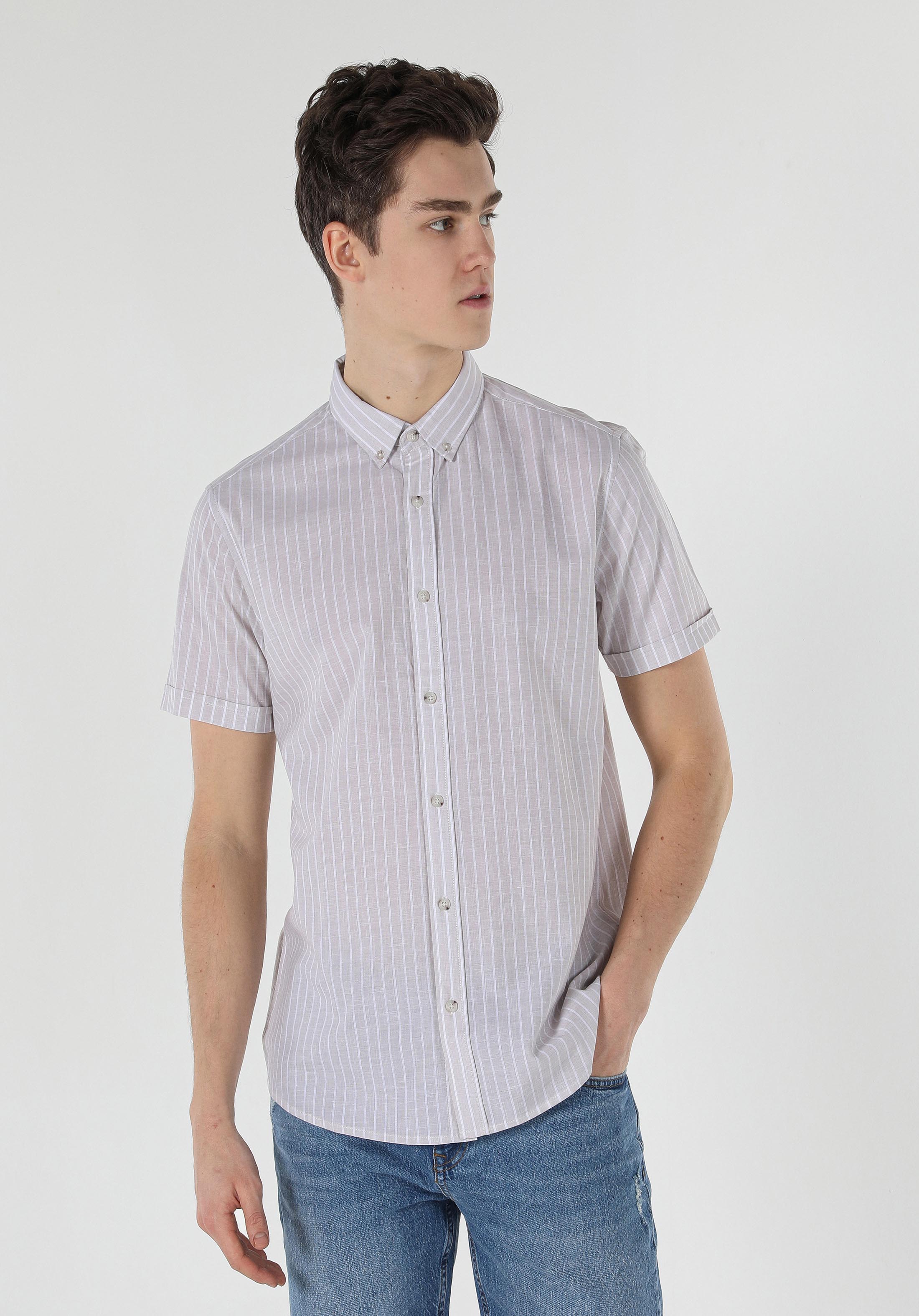 Regular Fit Shirt Neck Çizgili Erkek Bej Kısa Kol Gömlek
