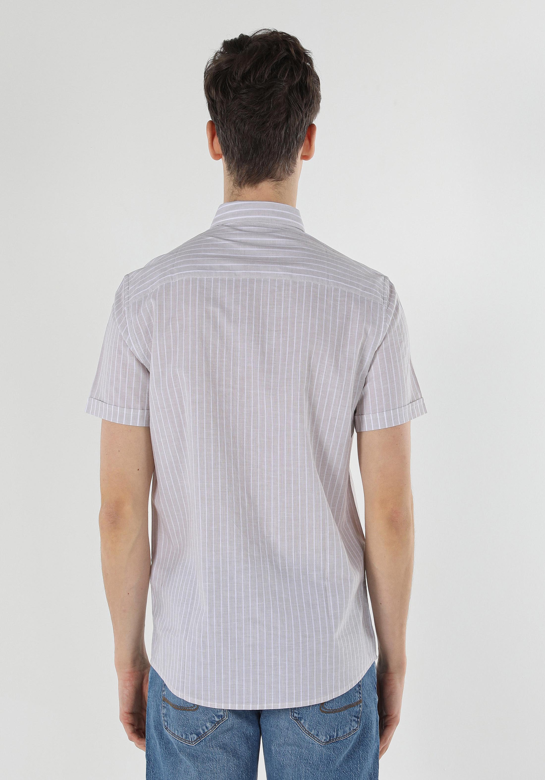 Regular Fit Shirt Neck Çizgili Erkek Bej Kısa Kol Gömlek
