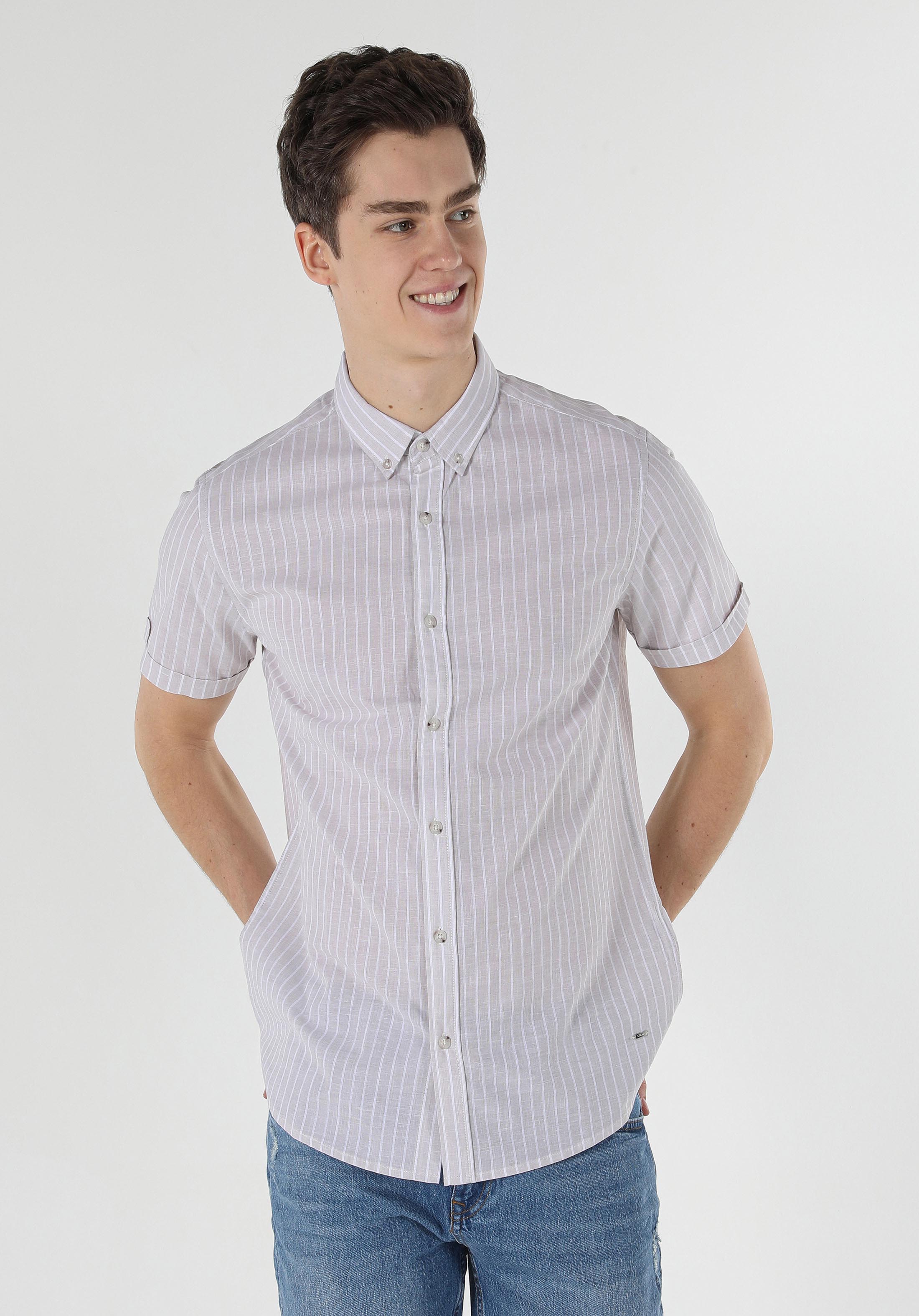 Regular Fit Shirt Neck Çizgili Erkek Bej Kısa Kol Gömlek