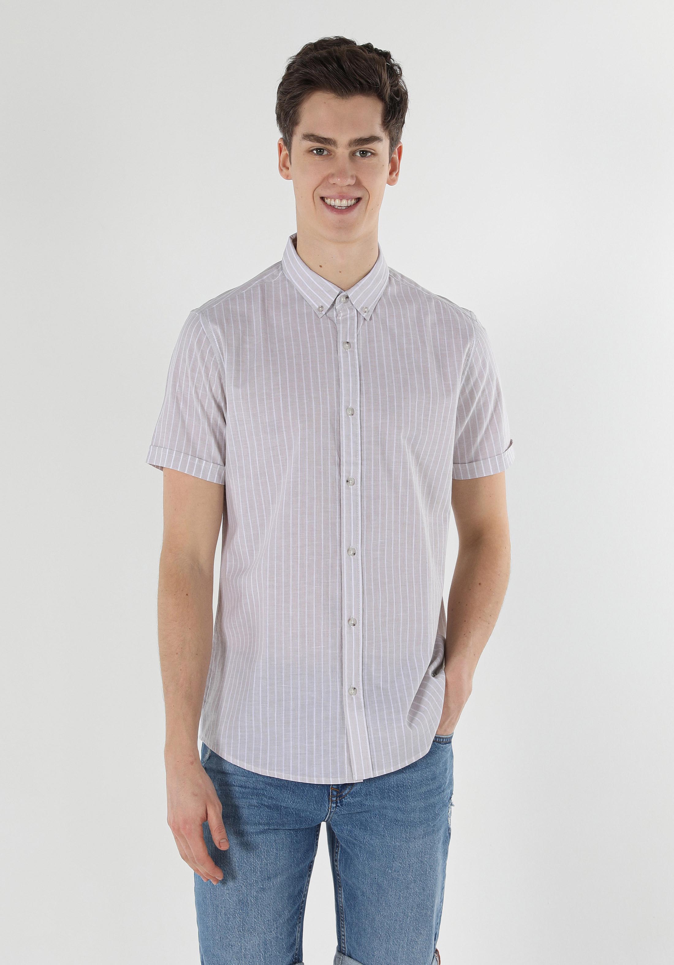 Regular Fit Shirt Neck Çizgili Erkek Bej Kısa Kol Gömlek