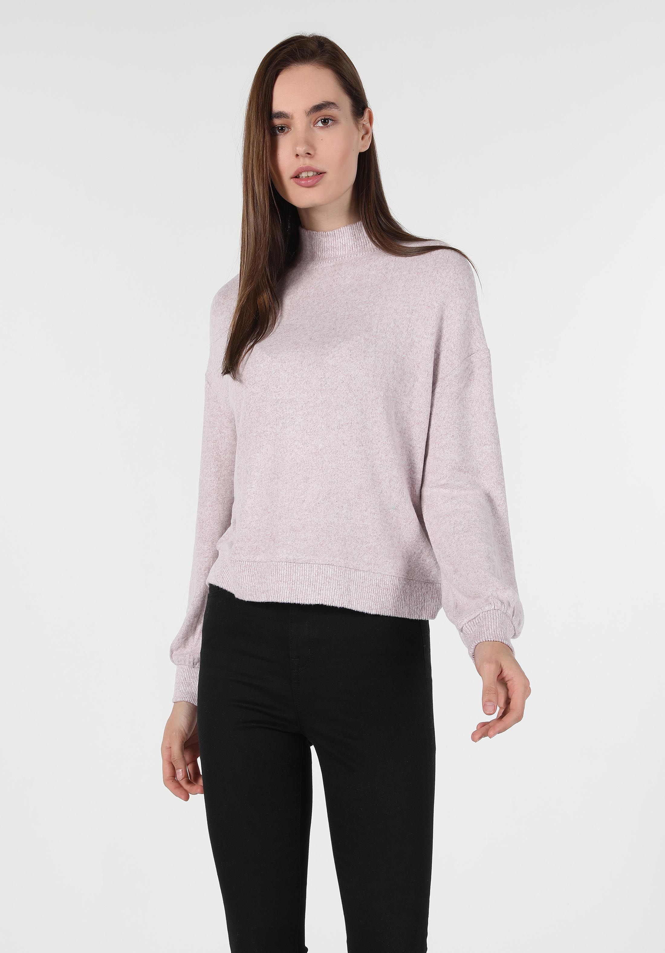 Regular Fit Yarım Balıkçı Yaka Düz Kadın Pembe Uzun Kol Tişört