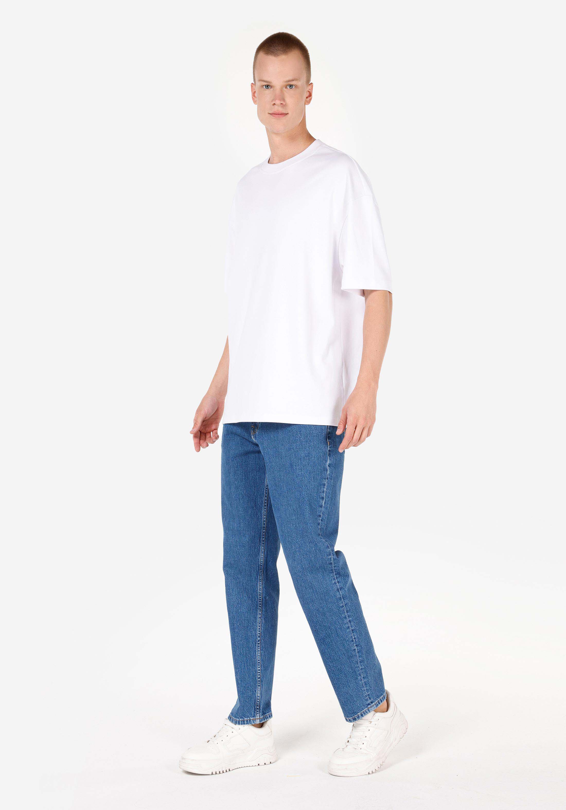 Loose Straight Fit Orta Bel Düz Paça Erkek Mid İndigo Cepli Denim Jean Pantolon