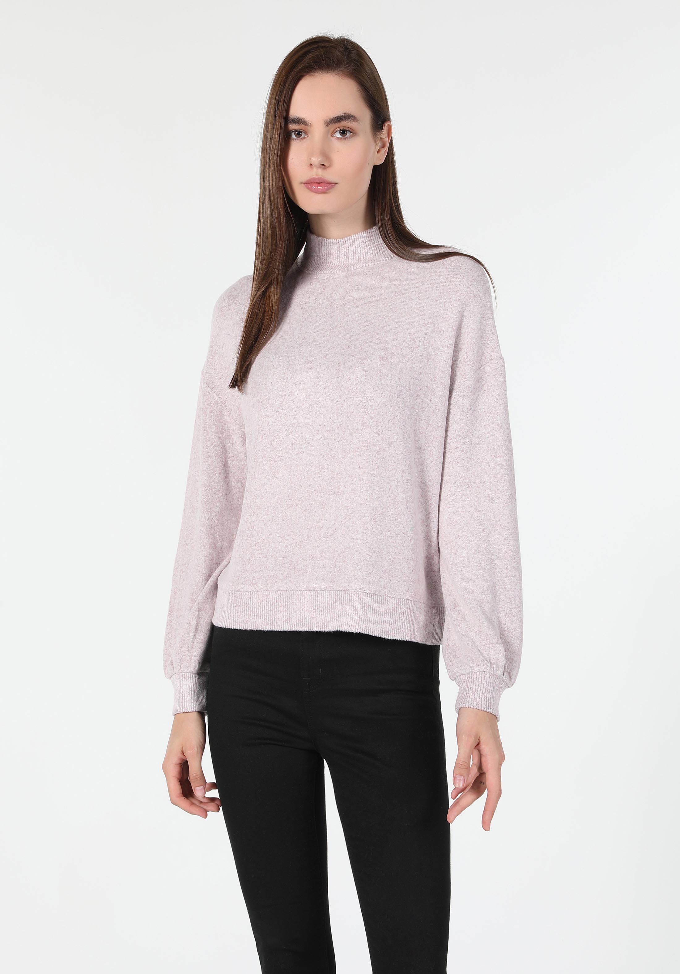 Regular Fit Yarım Balıkçı Yaka Düz Kadın Pembe Uzun Kol Tişört