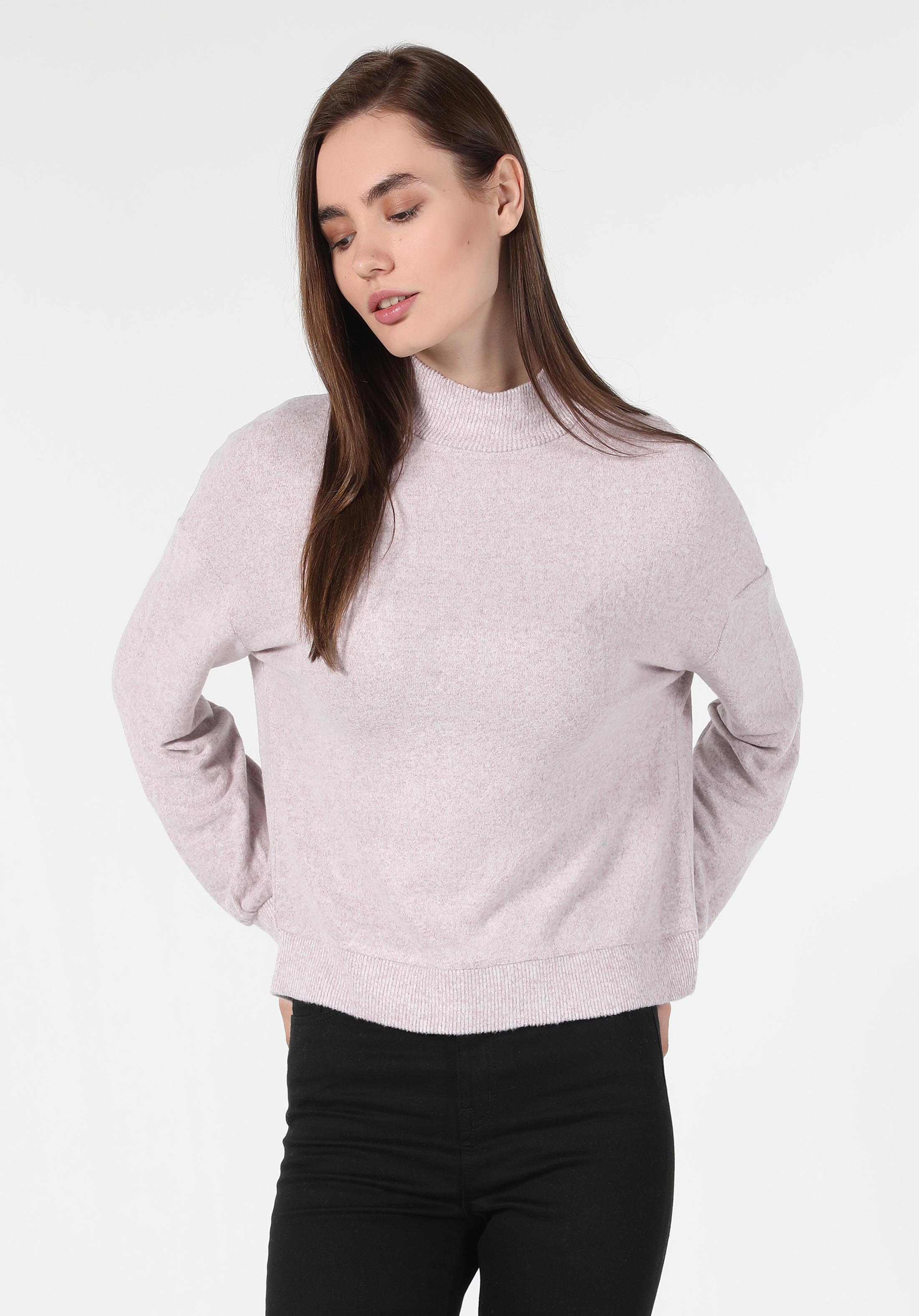 Regular Fit Yarım Balıkçı Yaka Düz Kadın Pembe Uzun Kol Tişört