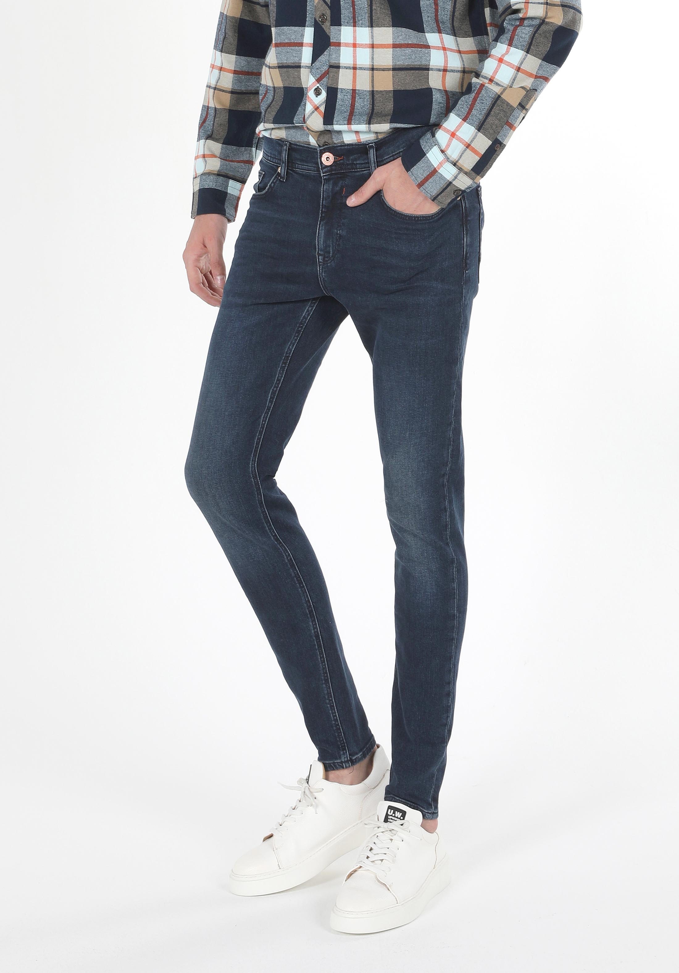 Skinny Fit Düşük Bel Dar Paça Erkek Koyu İndigo Jean Pantolon