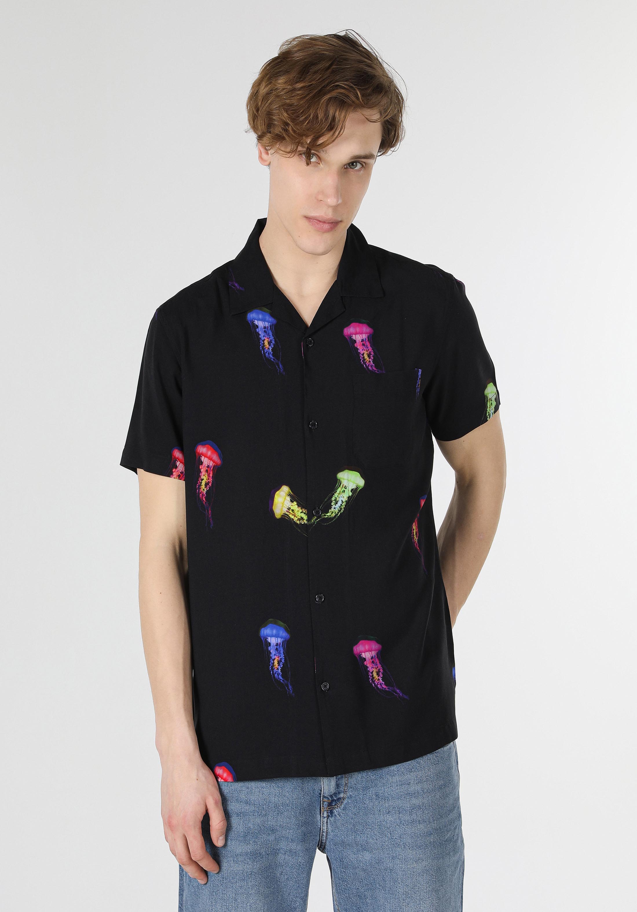 Regular Fit Shirt Neck Baskılı Erkek Siyah Kısa Kol Gömlek
