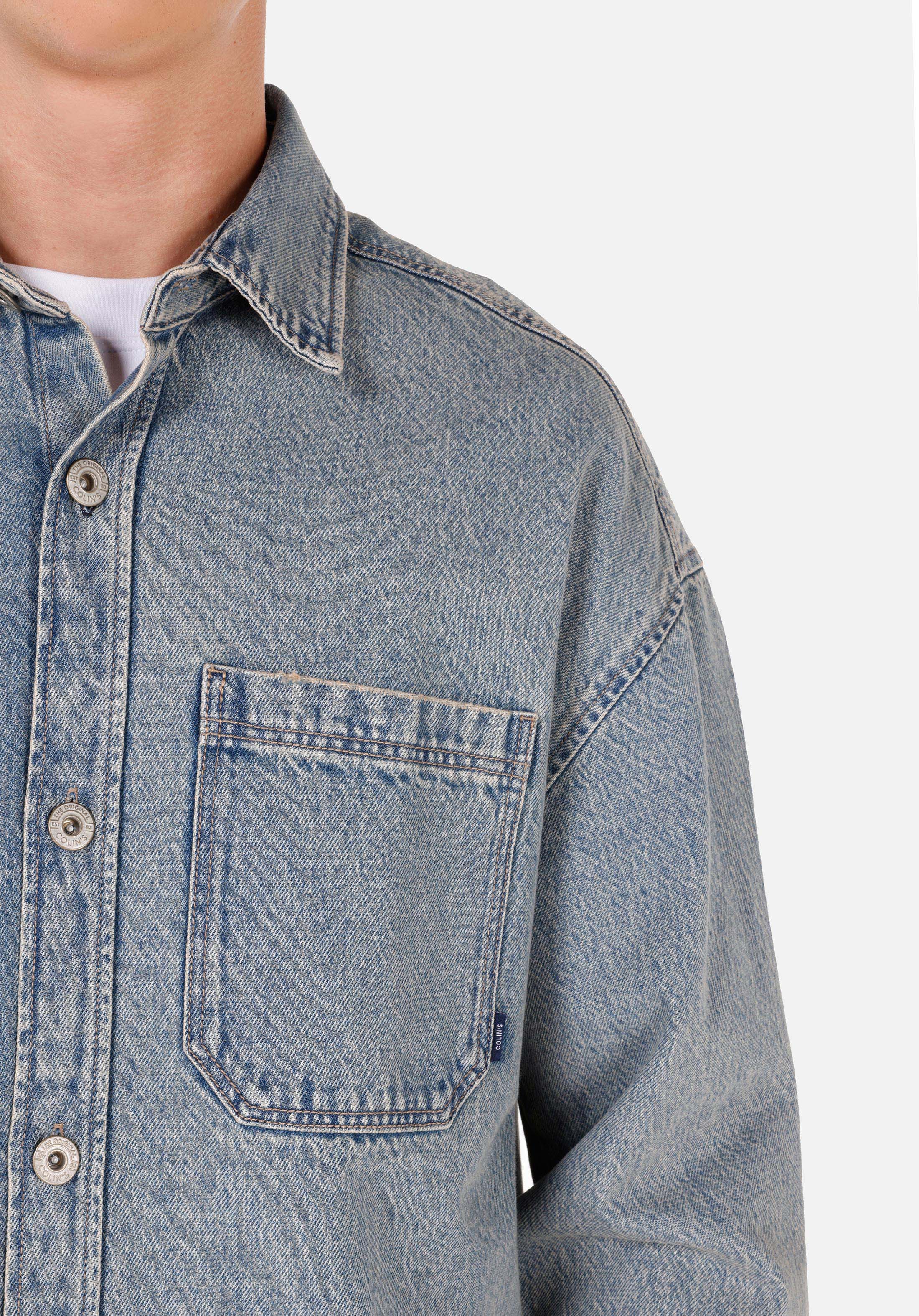 Oversize Fit Klasik Yaka  Erkek Mavi Uzun Kol Gömlek