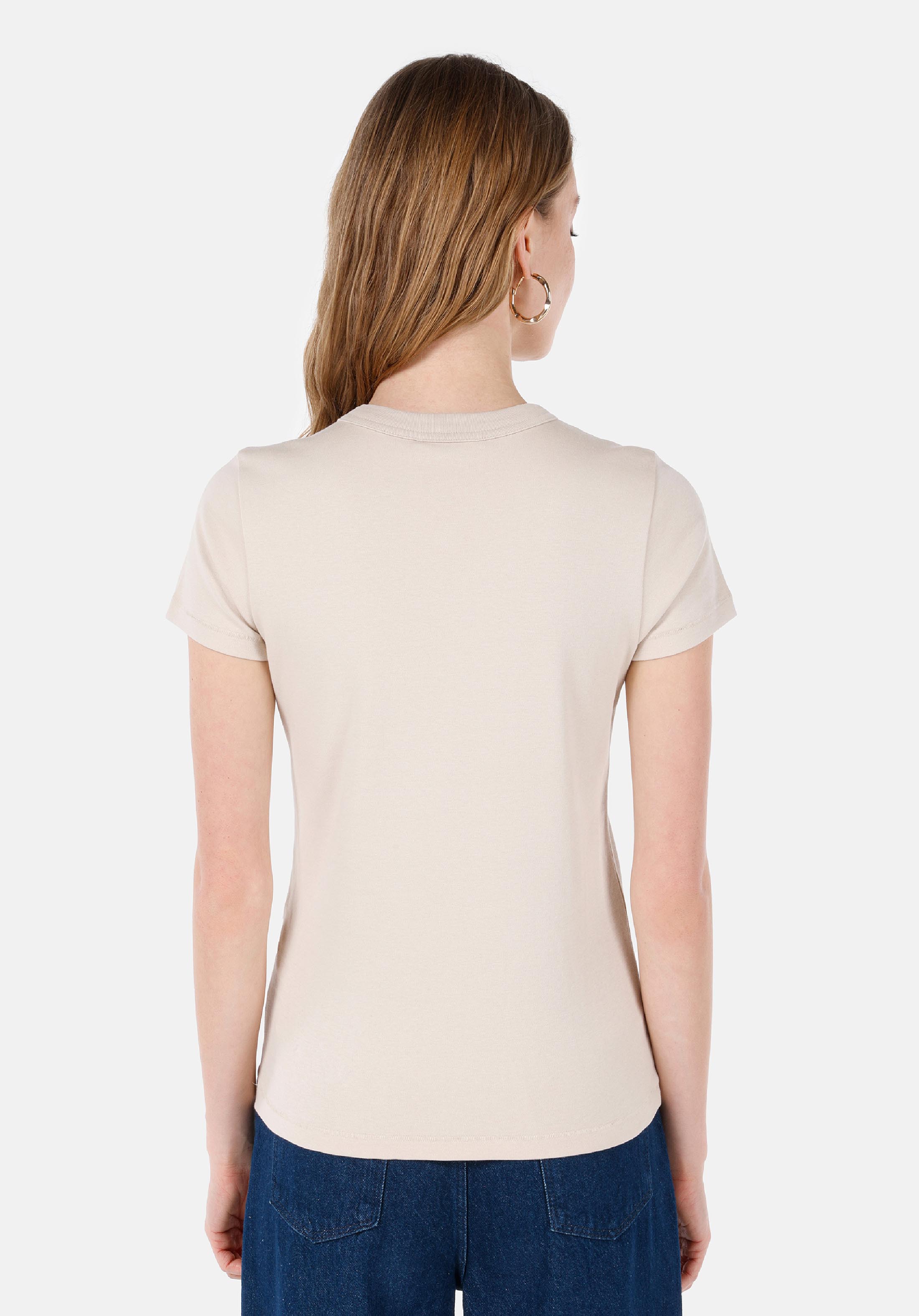 Slim Fit Yuvarlak Yaka Düz Kadın Bej Kısa Kol Tişört