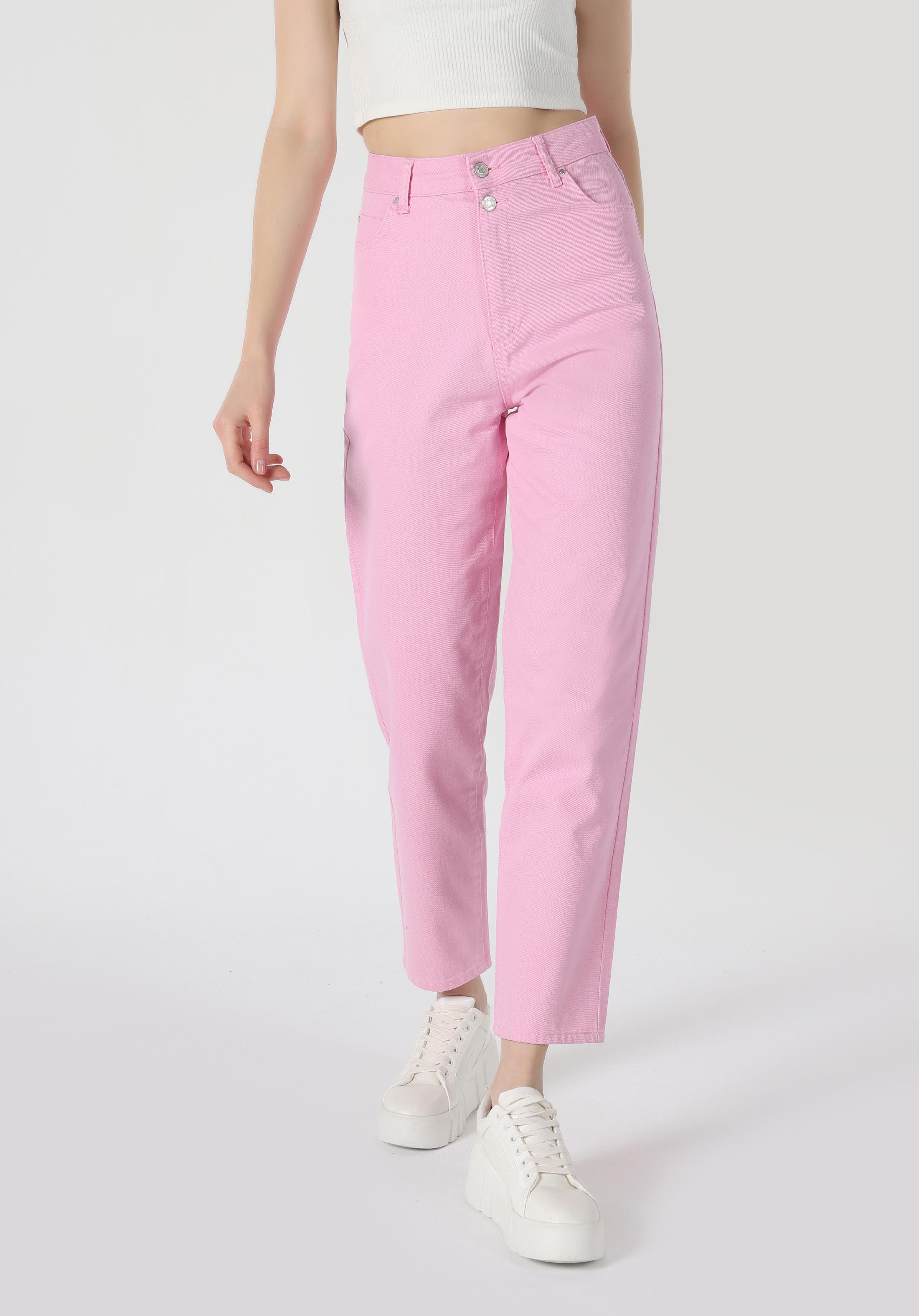 Regular Fit Yüksel Bel Düz Paça Kadın Pembe  Pantolon