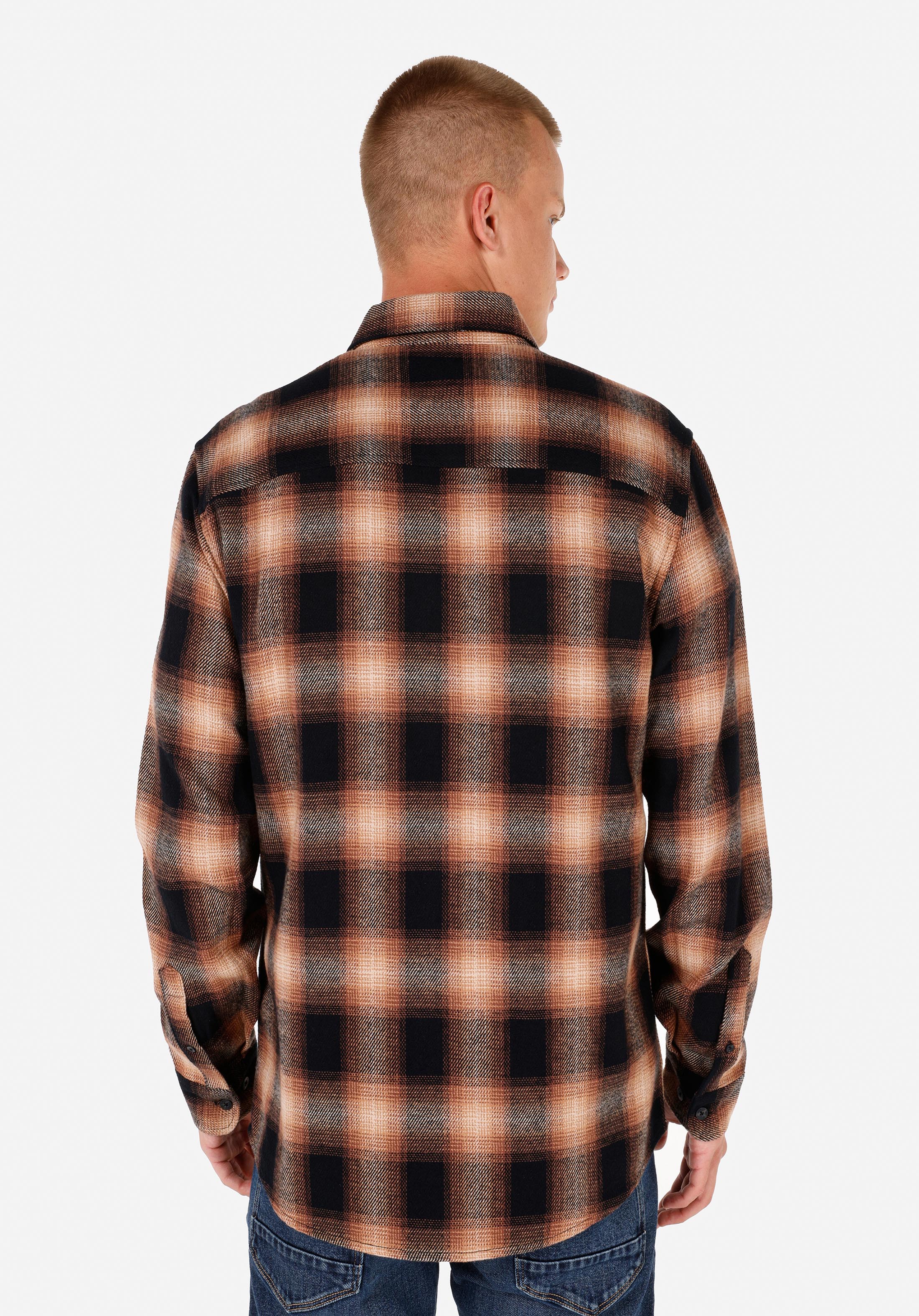 Regular Fit Shirt Neck Ekoseli Erkek Kahverengi Uzun Kol Gömlek