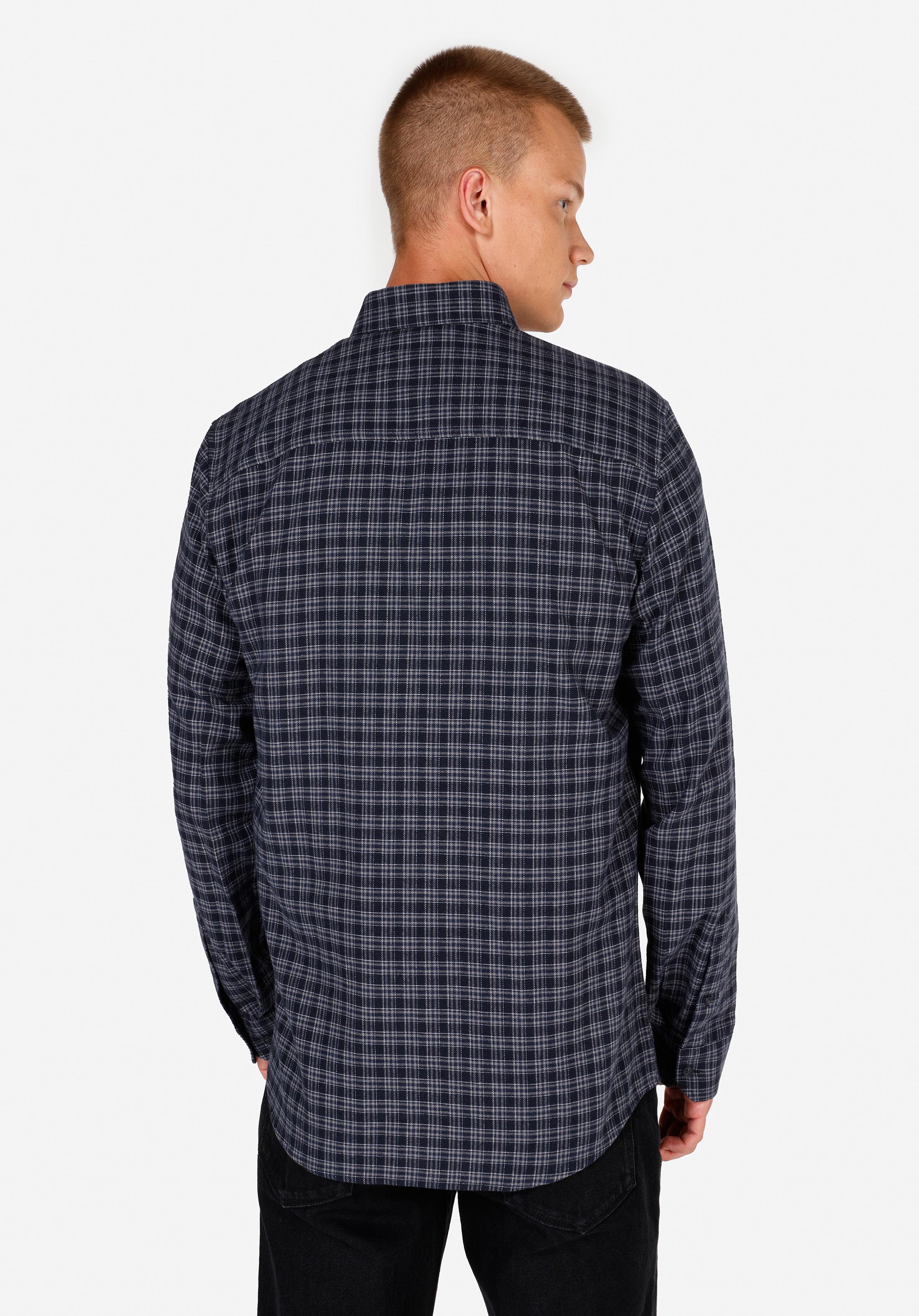 Regular Fit Shirt Neck Ekoseli Erkek Lacivert Uzun Kol Gömlek