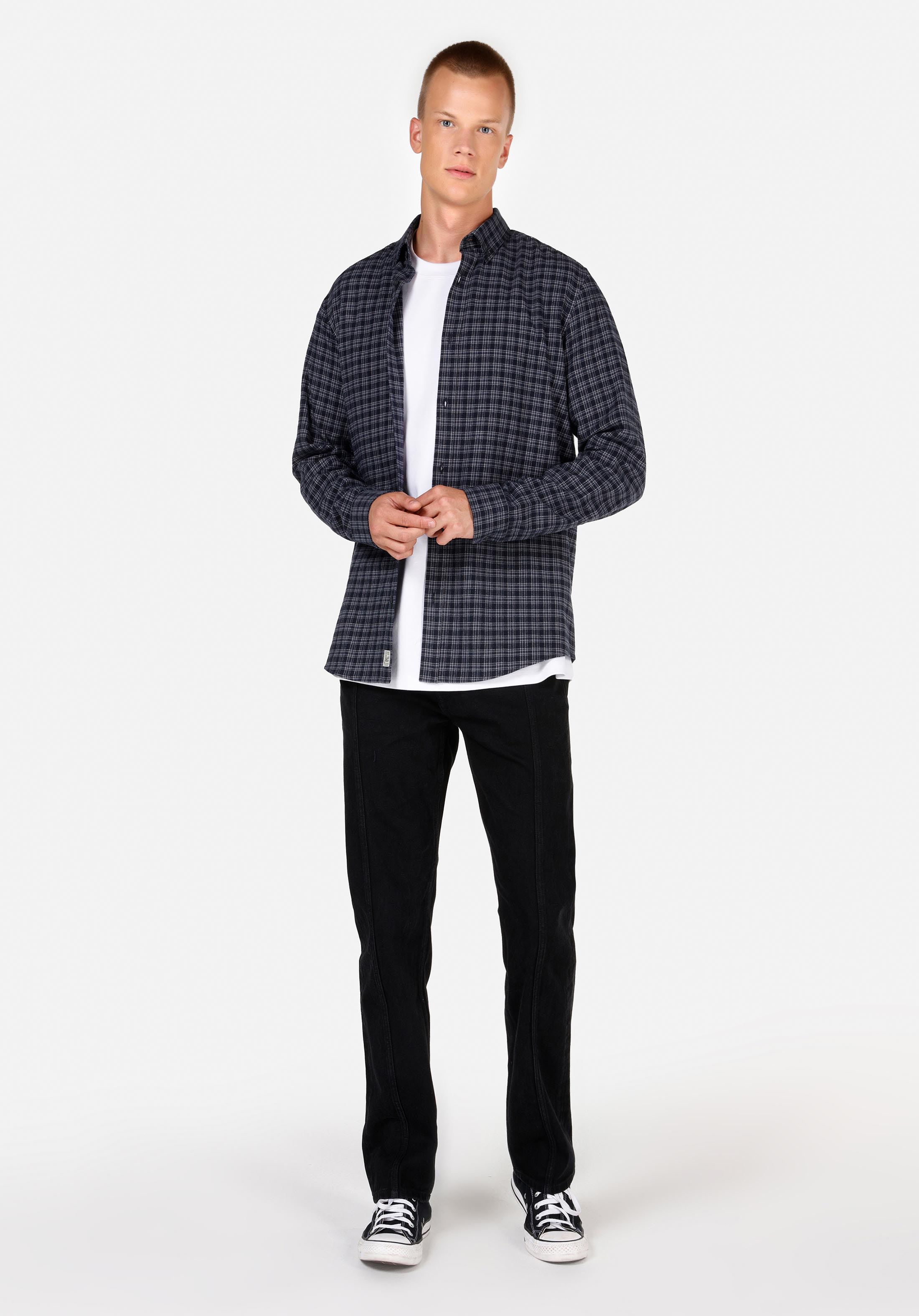Regular Fit Shirt Neck Ekoseli Erkek Lacivert Uzun Kol Gömlek