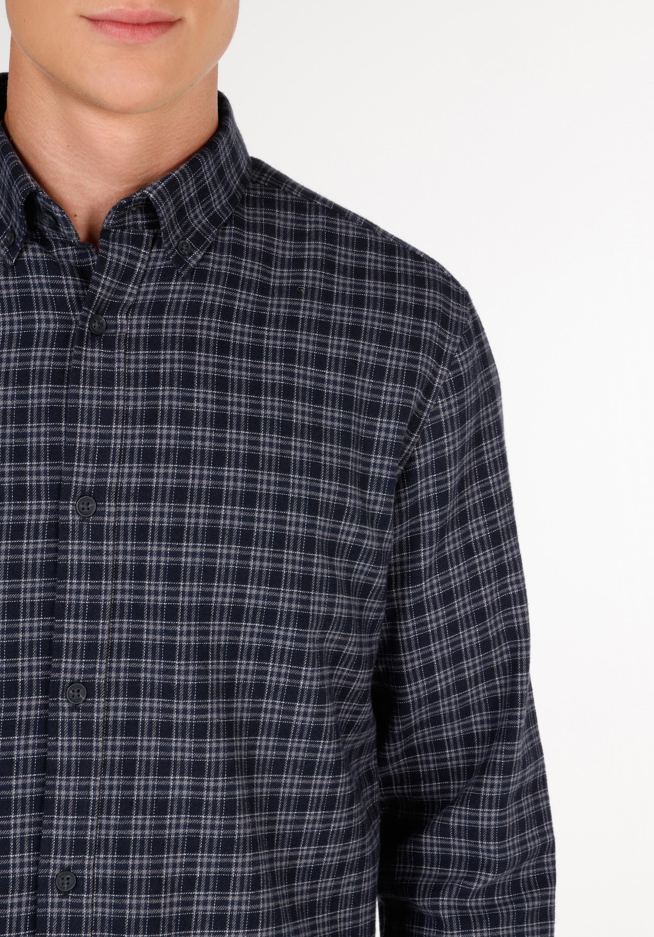 Regular Fit Shirt Neck Ekoseli Erkek Lacivert Uzun Kol Gömlek