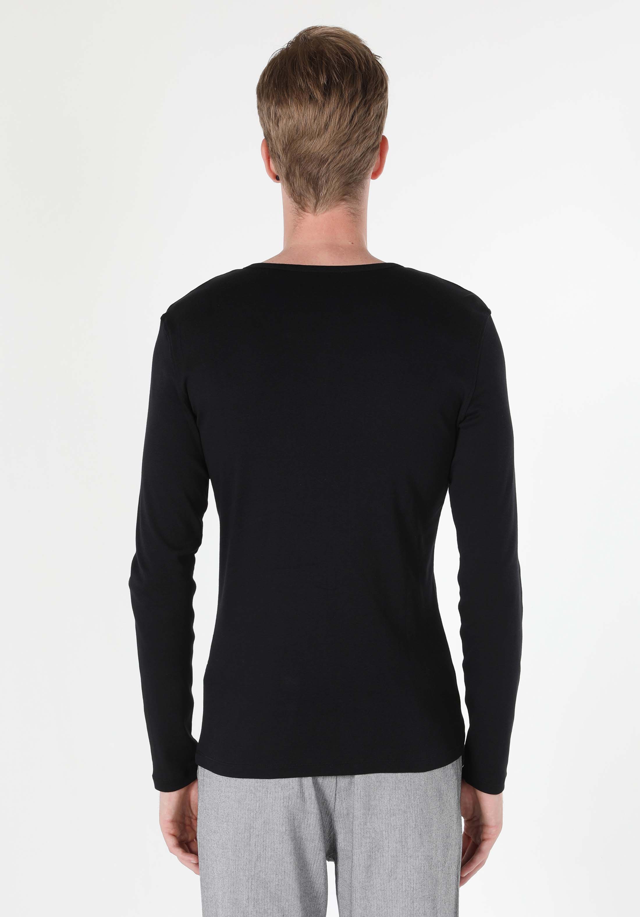 Slim Fit Placket Neck Düz Erkek Siyah Uzun Kol Tişört