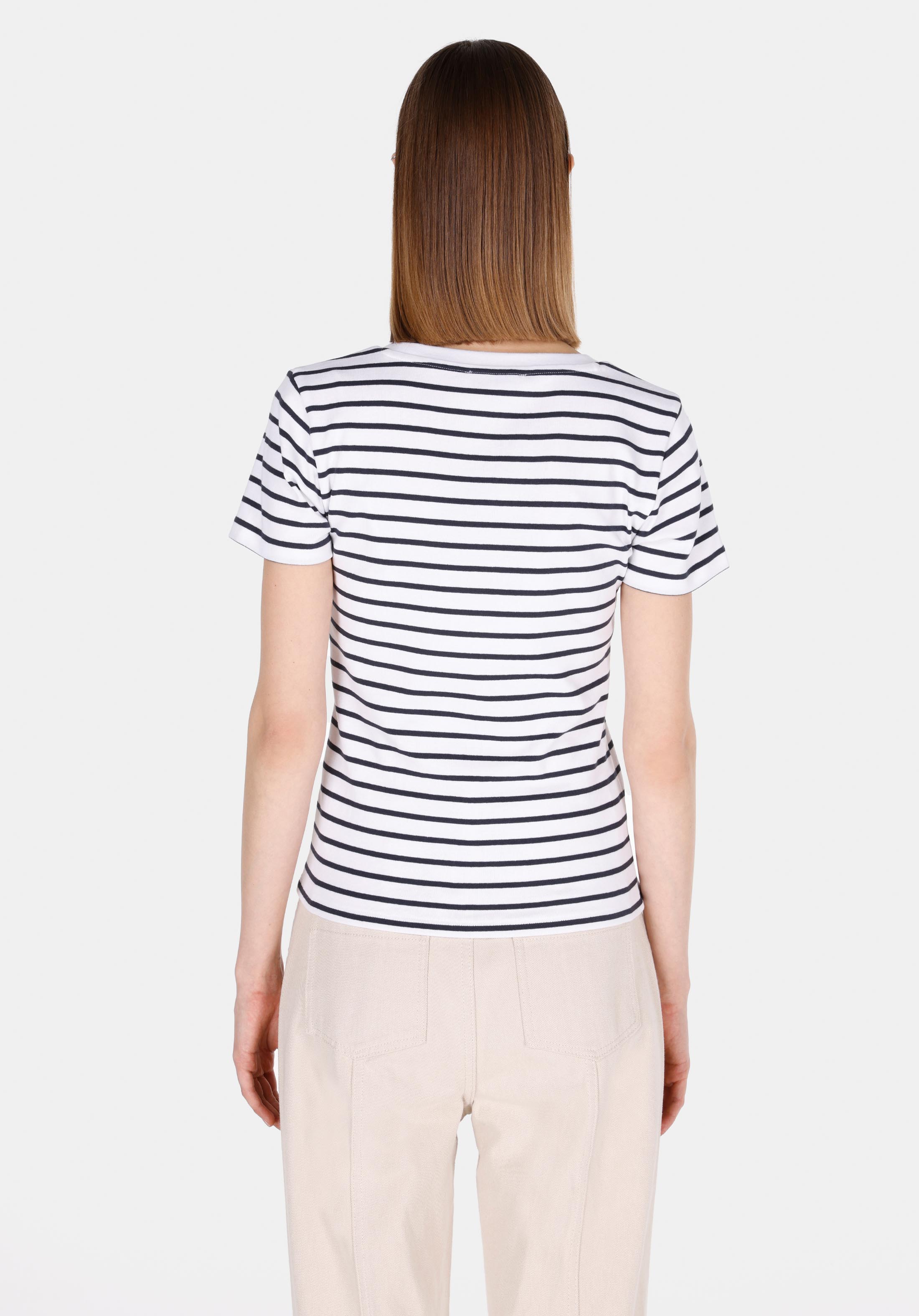 Slim Fit Kare Yaka Çizgili Kadın Beyaz Kısa Kol Tişört