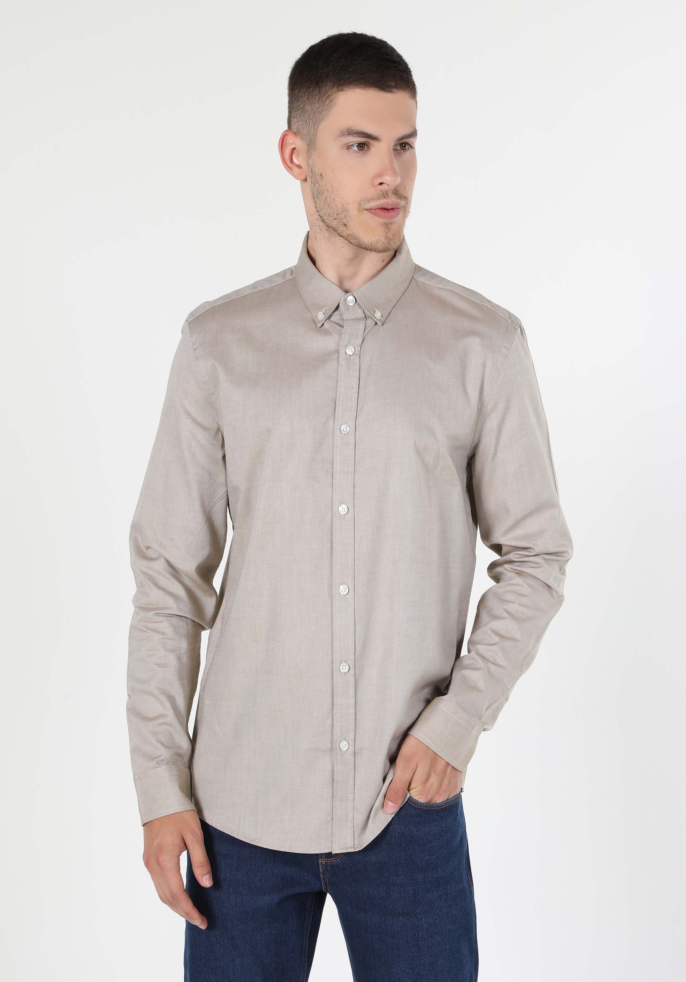 Slim Fit Shirt Neck Düz Erkek Ekru Uzun Kol Gömlek