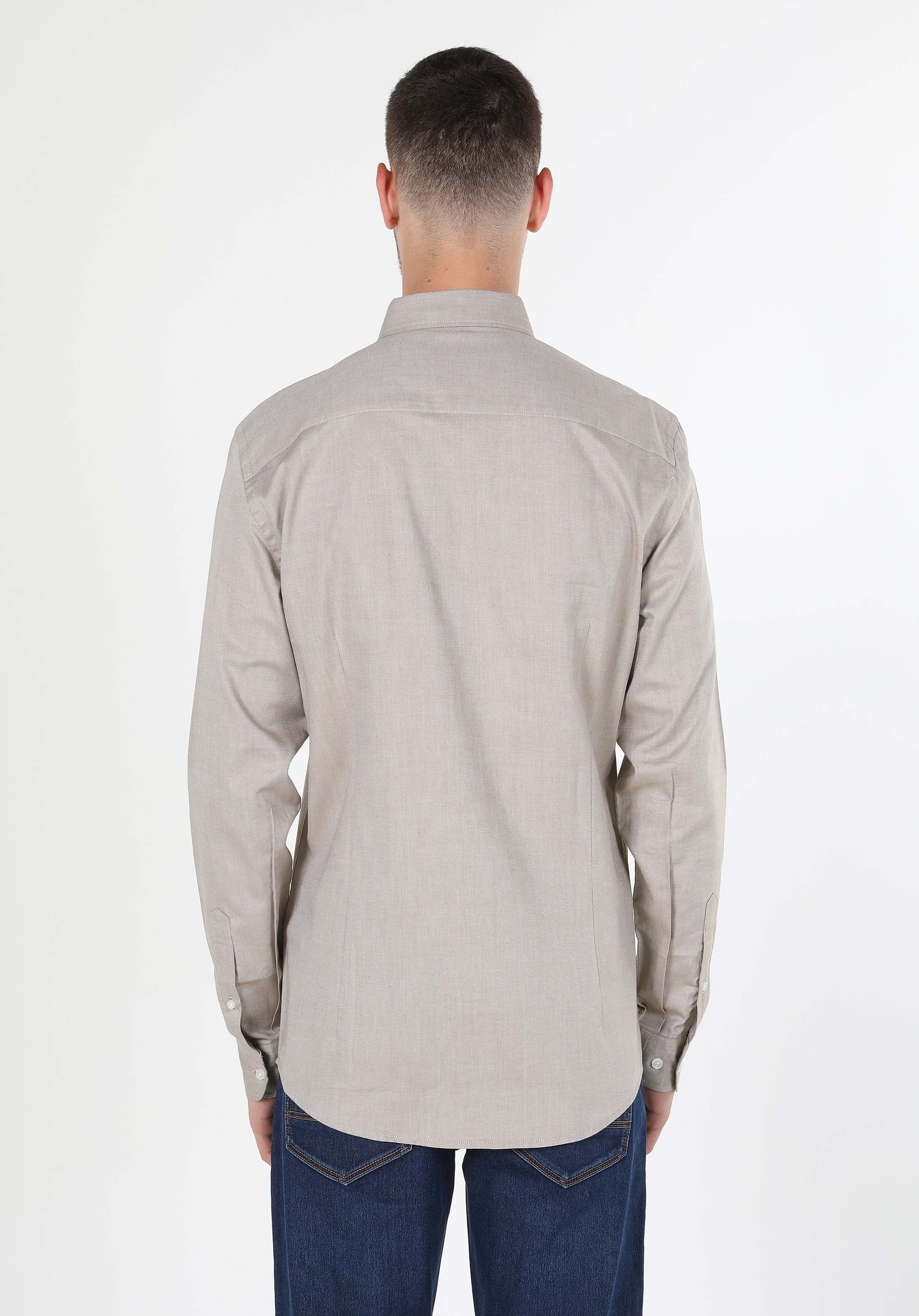 Slim Fit Shirt Neck Düz Erkek Ekru Uzun Kol Gömlek