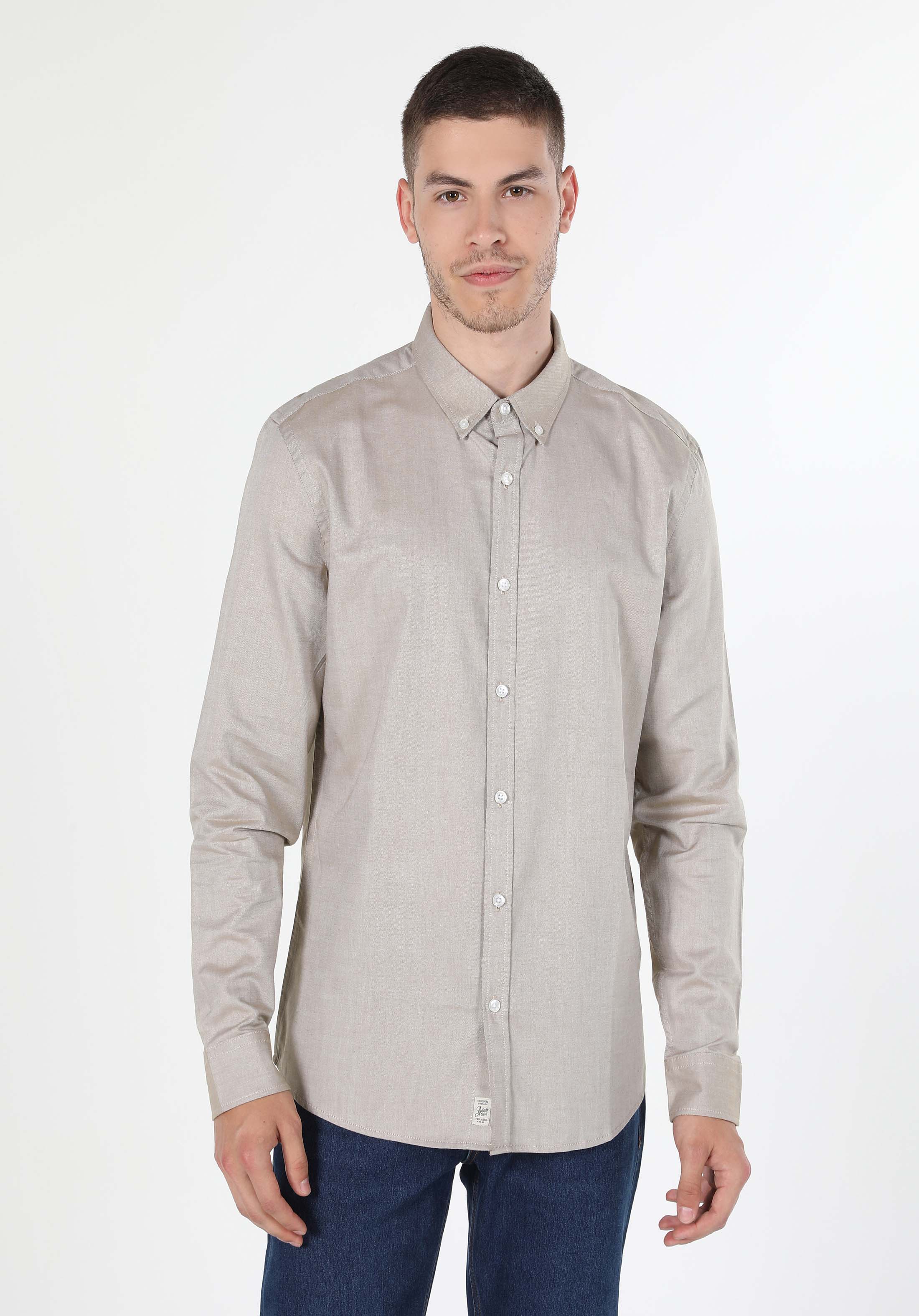 Slim Fit Shirt Neck Düz Erkek Ekru Uzun Kol Gömlek