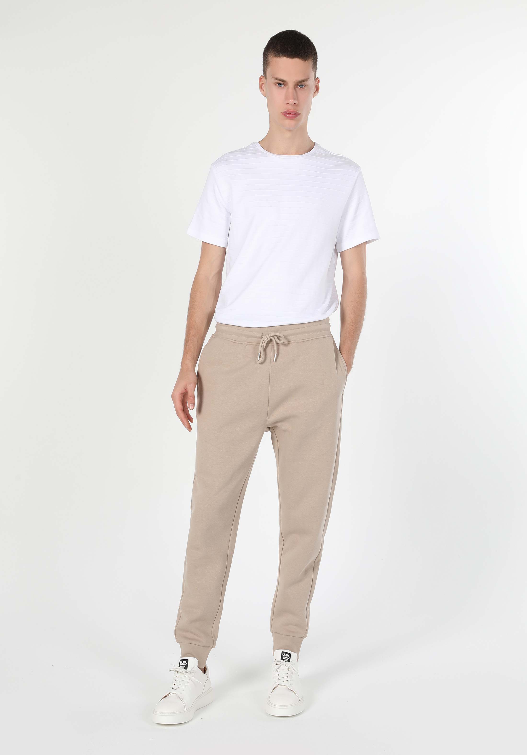 Slim Fit Orta Bel Düz Erkek Bej Eşofman Altı
