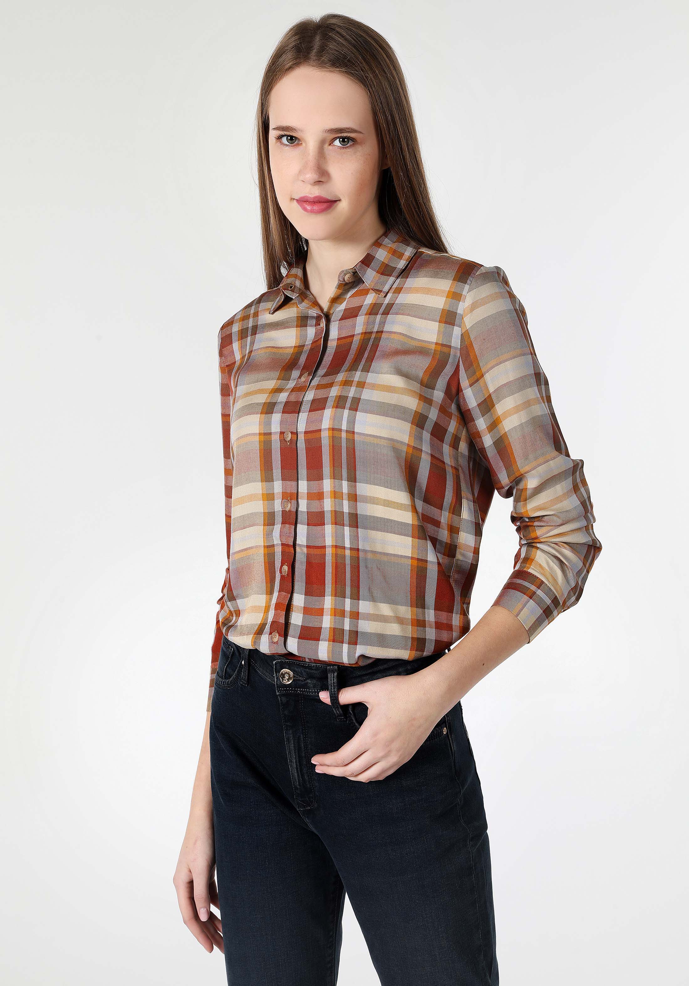 Regular Fit Shirt Neck Ekoseli Kadın Kahverengi Uzun Kol Gömlek Cl1060010