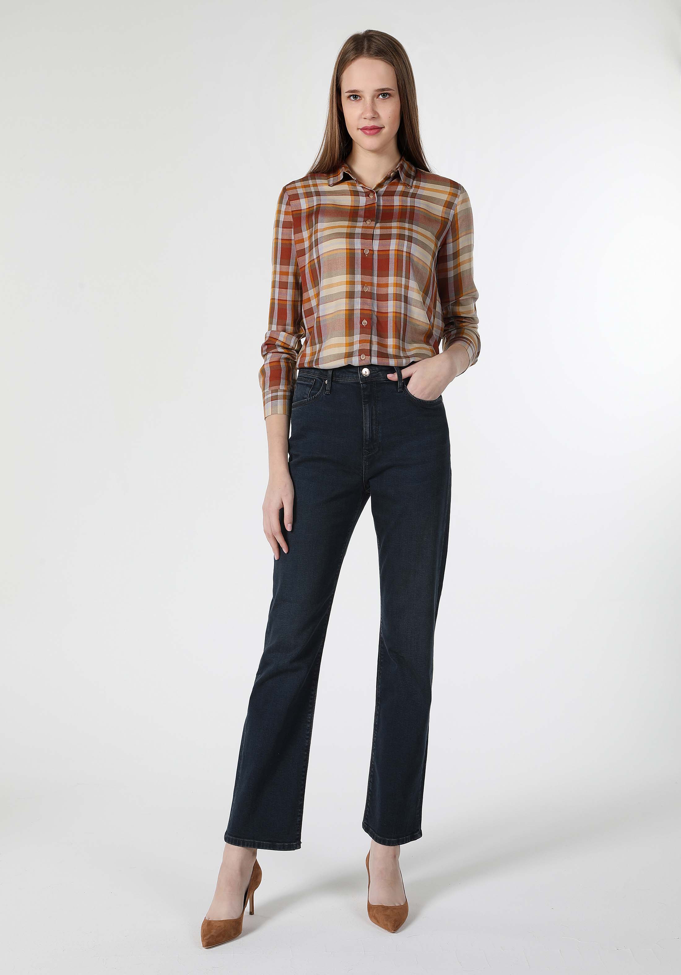 Regular Fit Shirt Neck Ekoseli Kadın Kahverengi Uzun Kol Gömlek Cl1060010