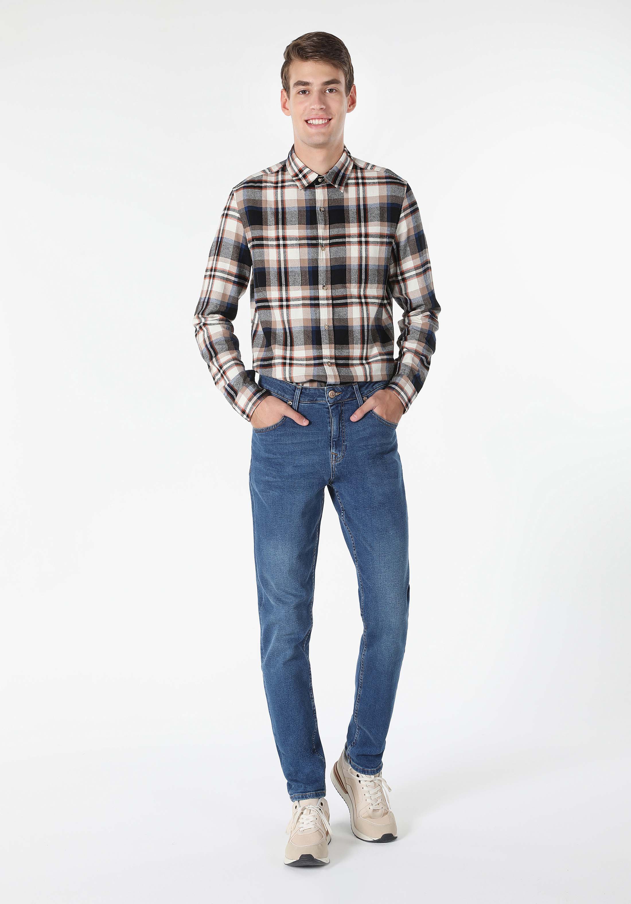 Slim Fit Shirt Neck Ekoseli Erkek Bej Uzun Kol Gömlek