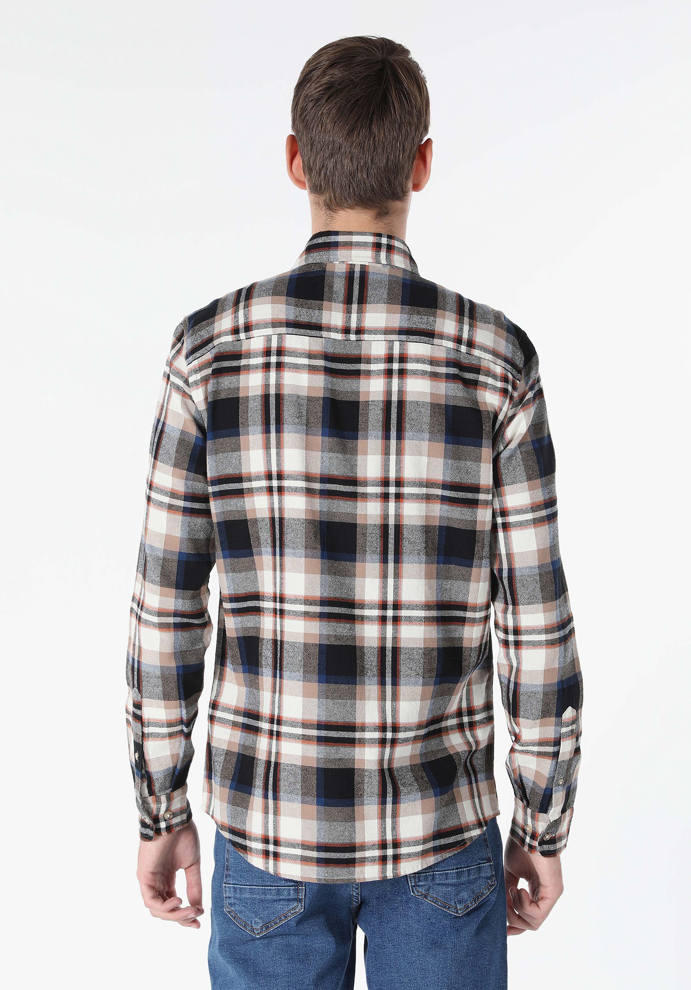 Slim Fit Shirt Neck Ekoseli Erkek Bej Uzun Kol Gömlek