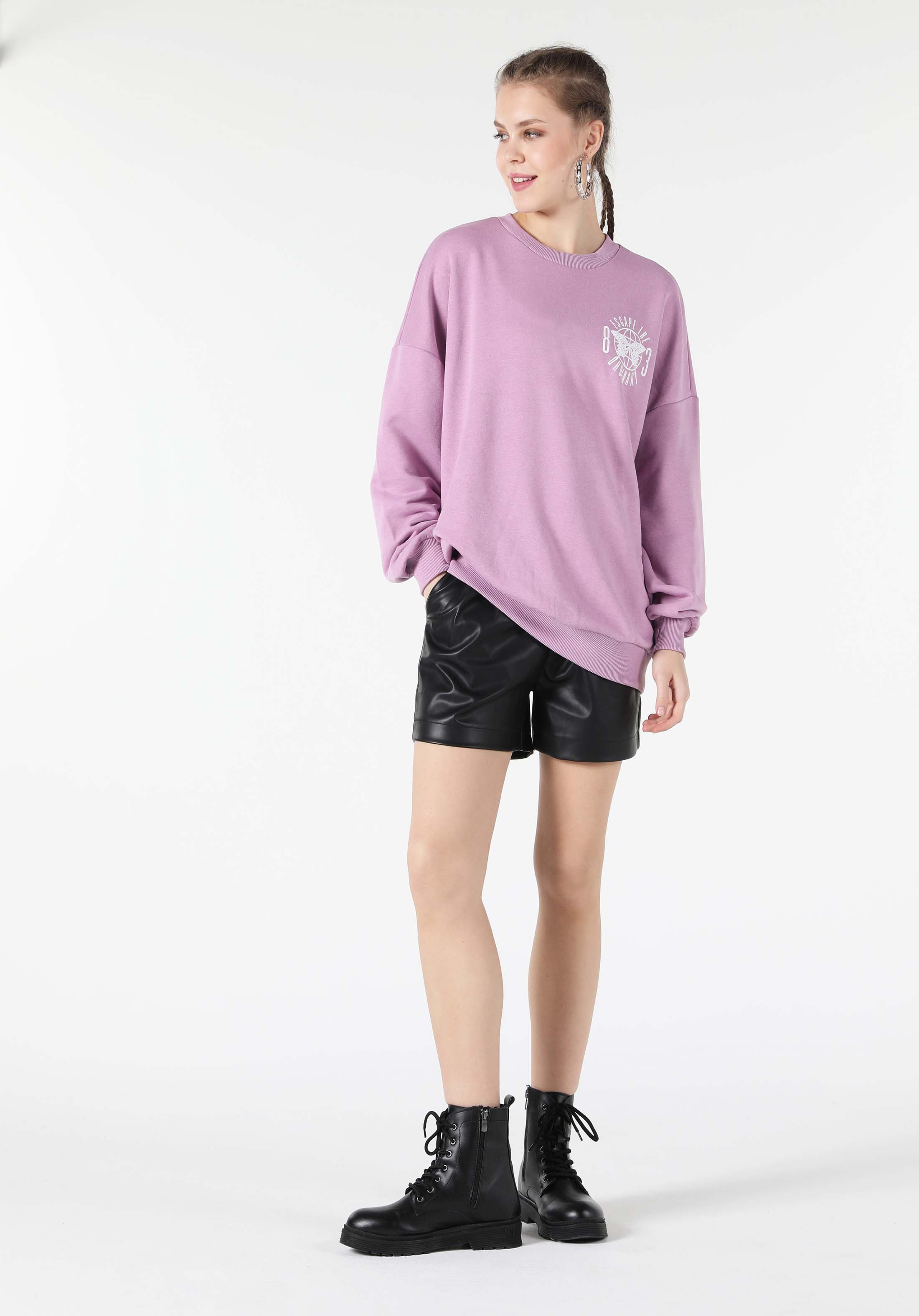 Oversize Fit Yazılı Mor Kadın Sweatshirt