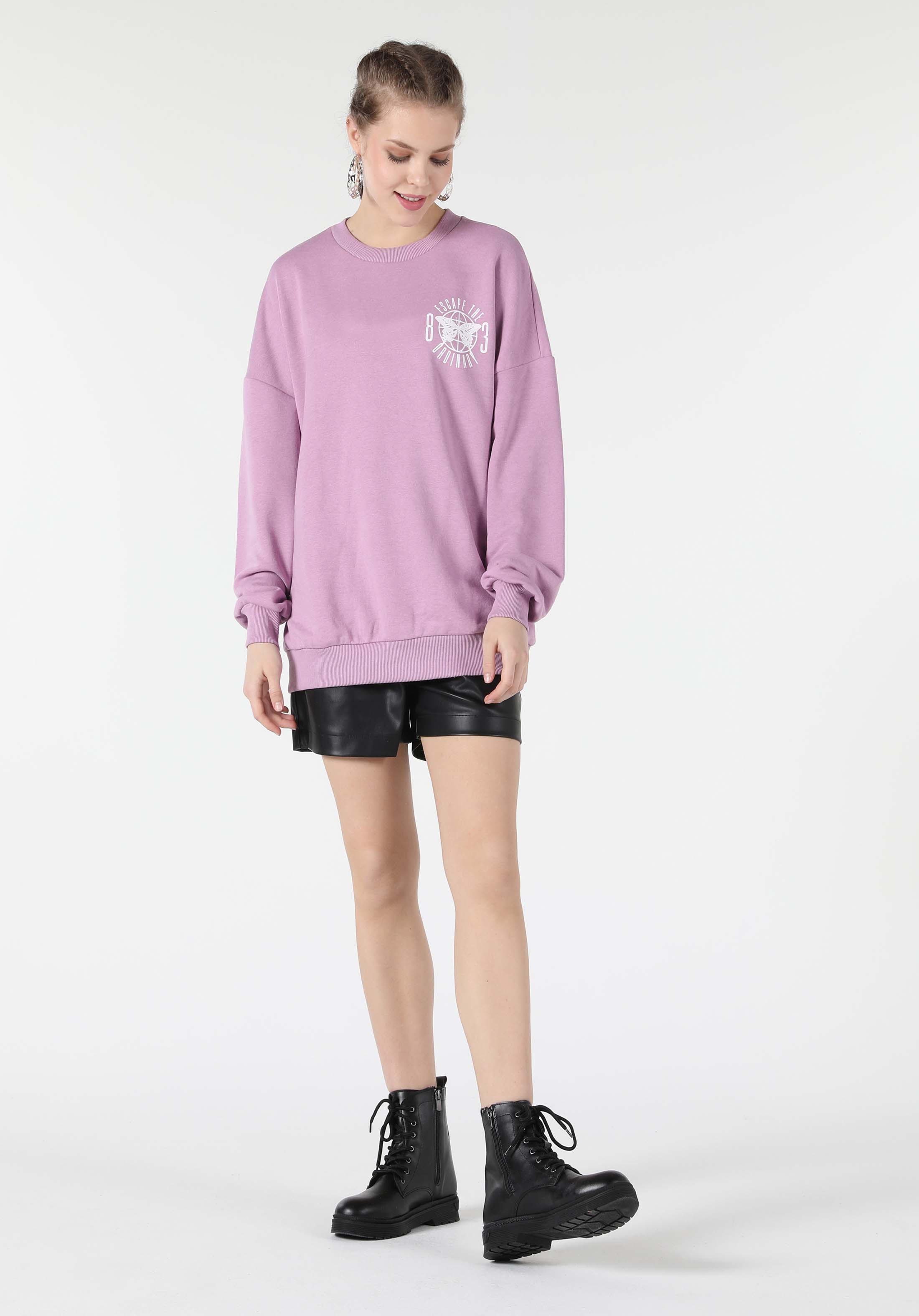 Oversize Fit Yazılı Mor Kadın Sweatshirt