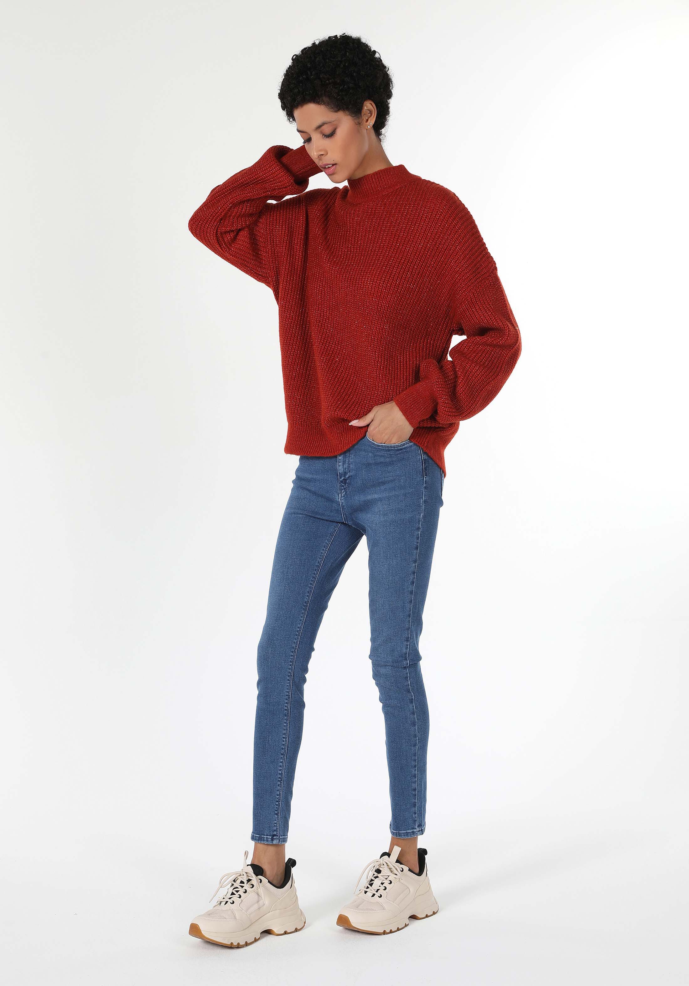 Regular Fit Dik Yaka Düz Kadın Kahverengi Kazak Cl1061539