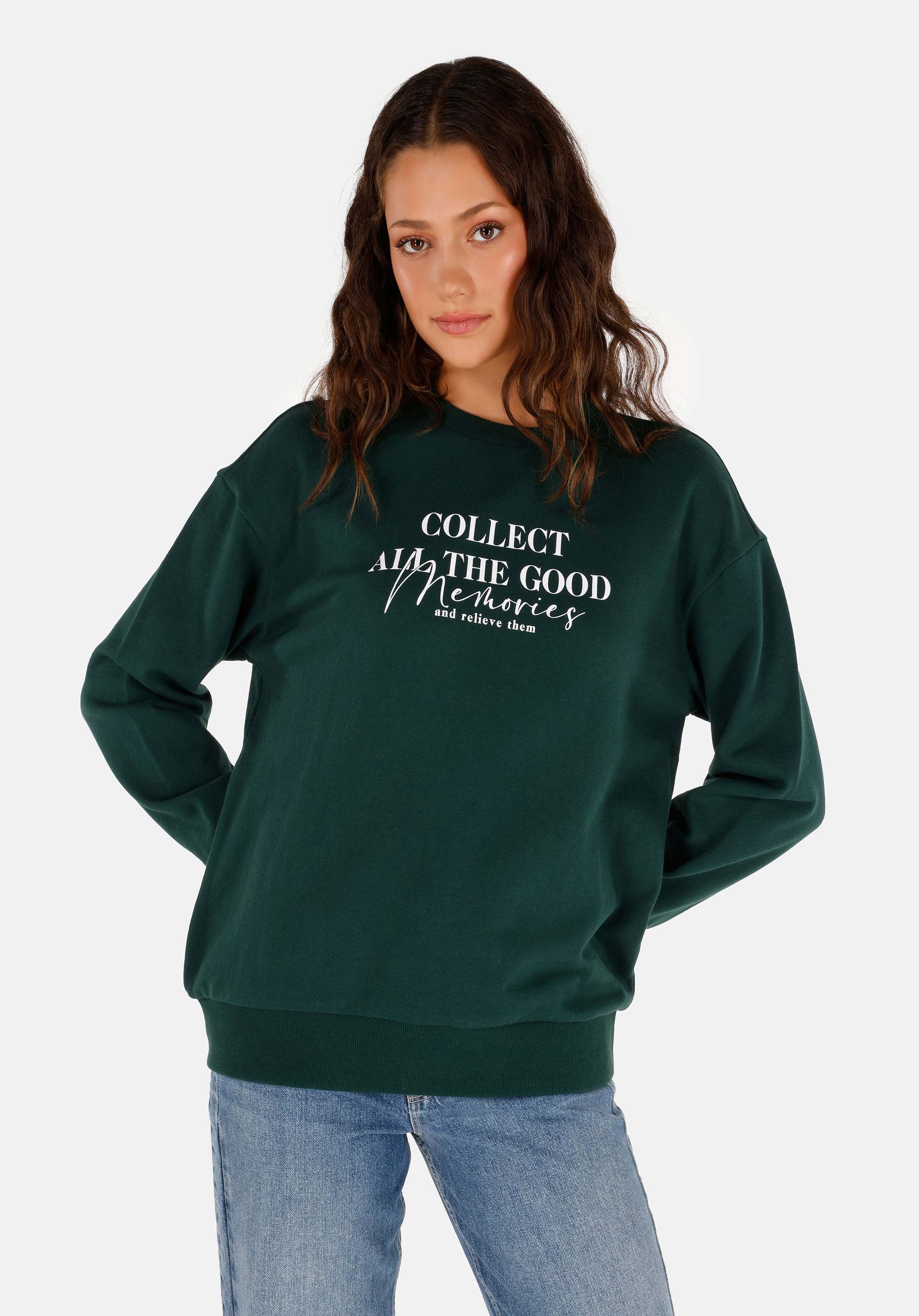 Regular Fit Yuvarlak Yaka Baskılı Kadın Yeşil Sweatshirt