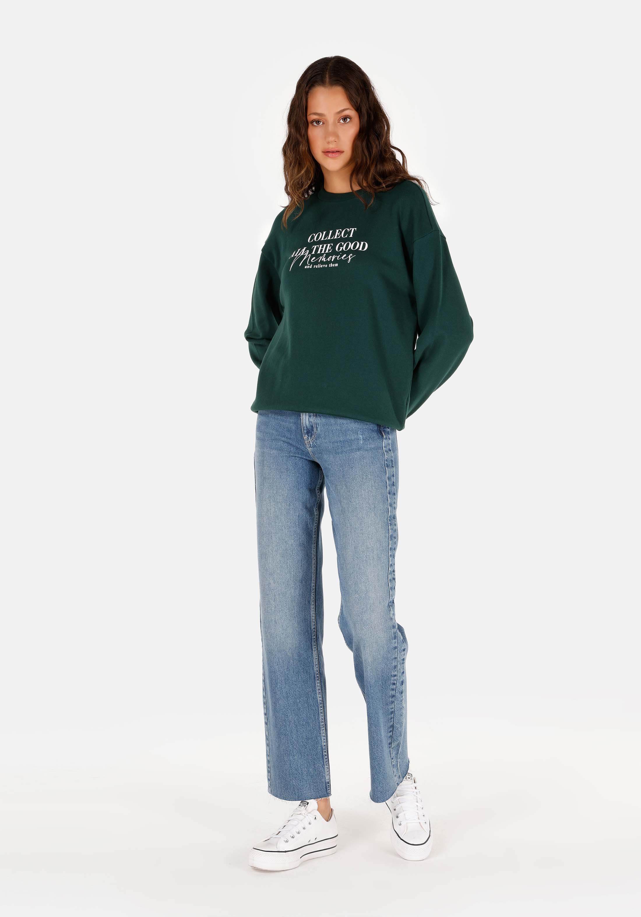 Regular Fit Yuvarlak Yaka Baskılı Kadın Yeşil Sweatshirt