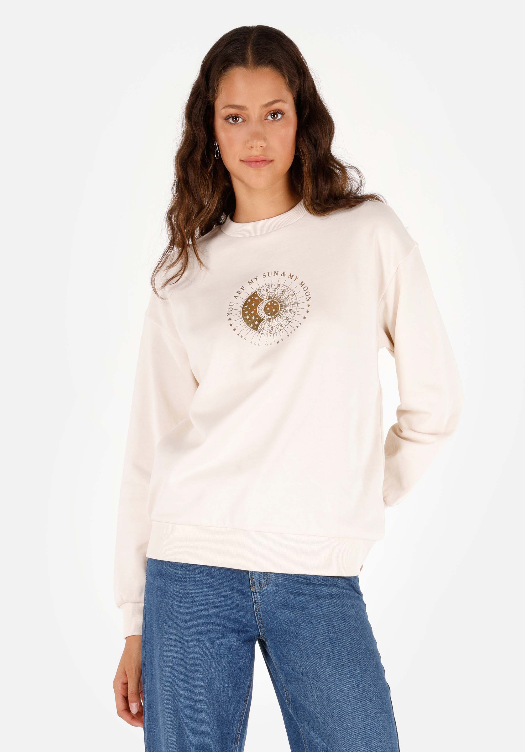 Regular Fit Yuvarlak Yaka Baskılı Kadın Beyaz Sweatshirt