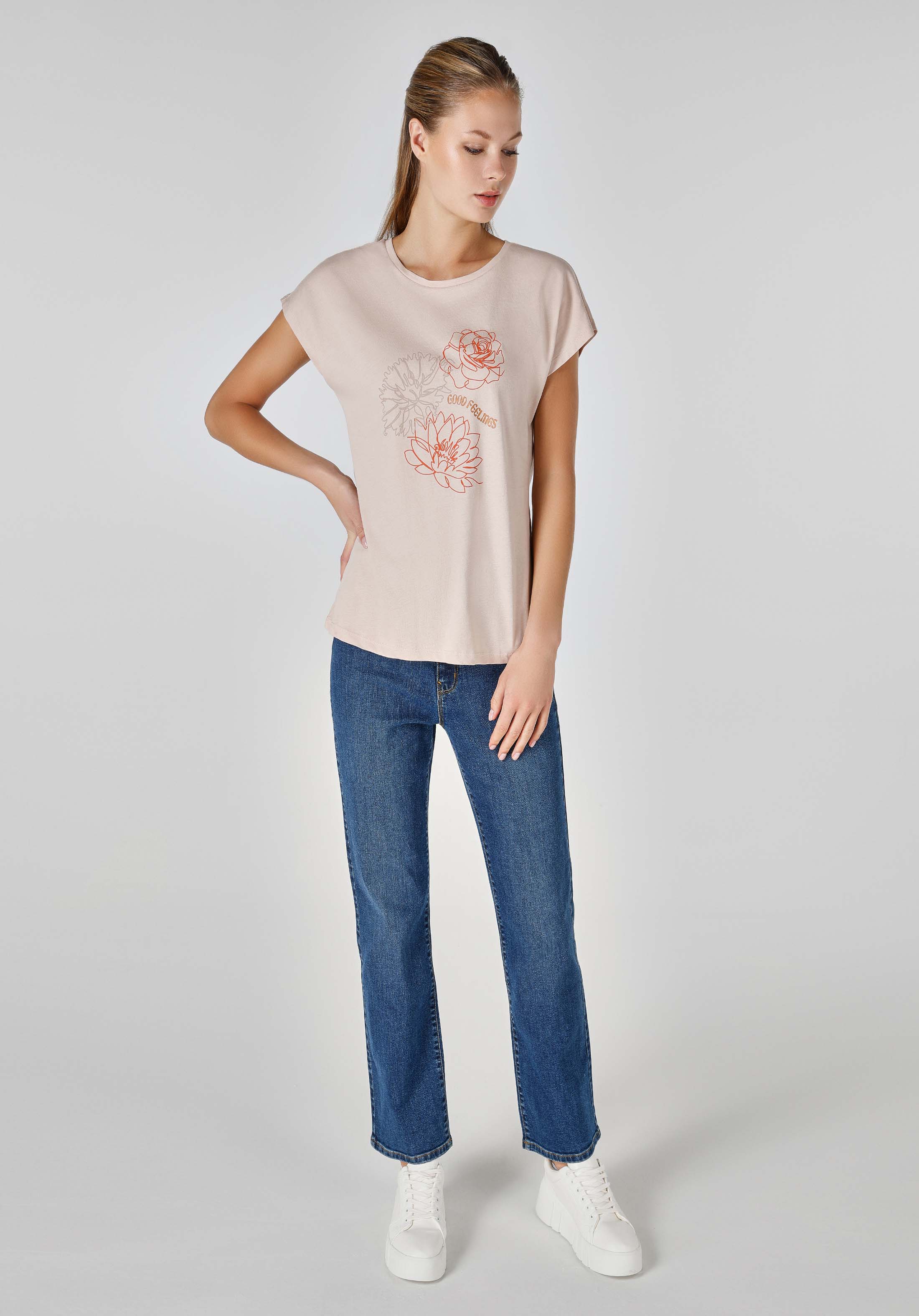 Regular Fit Yuvarlak Yaka  Kadın Bej Kısa Kol Tişört Cl1063241