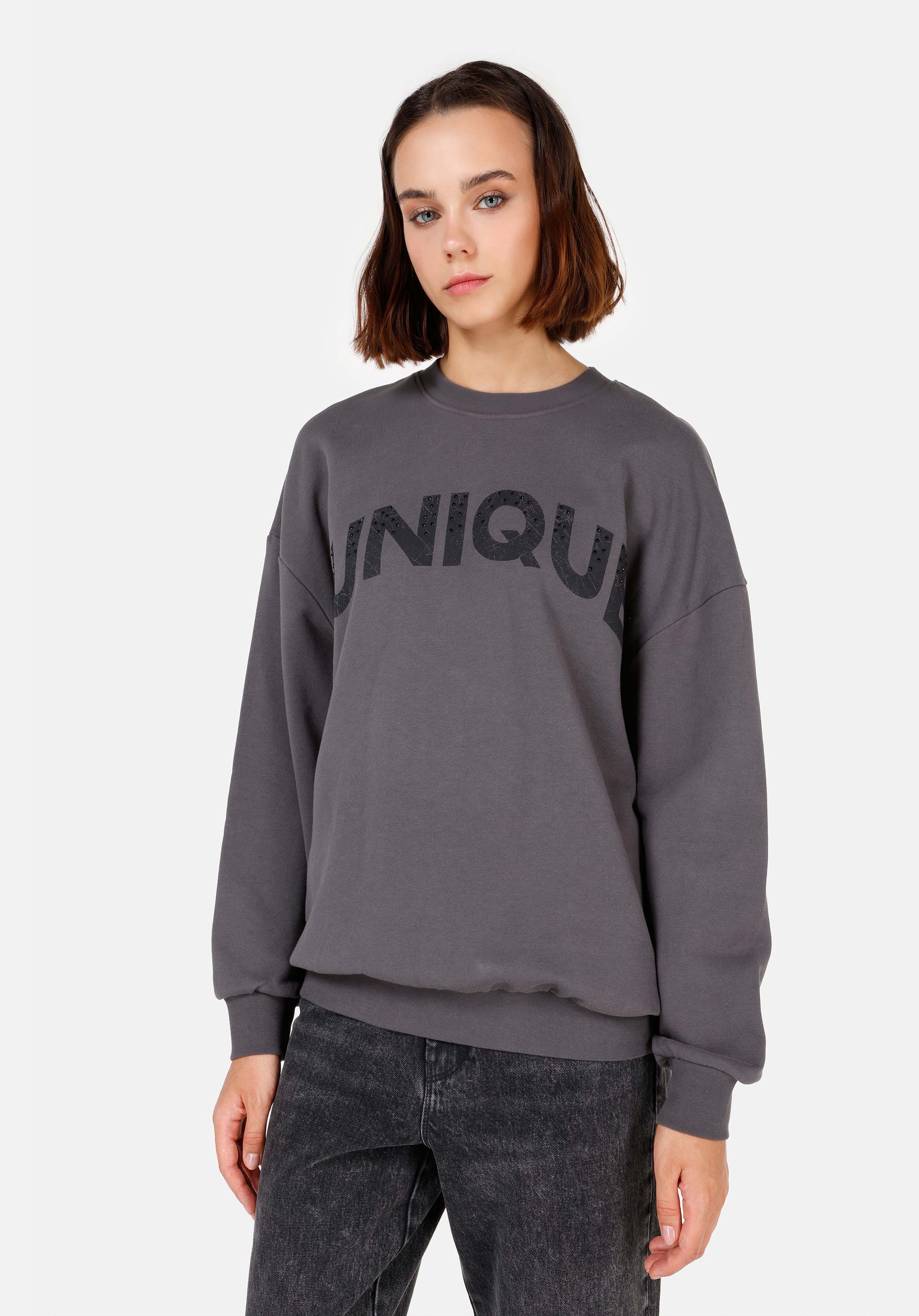 Comfort Fit Yuvarlak Yaka  Kadın Antrasit Sweatshirt