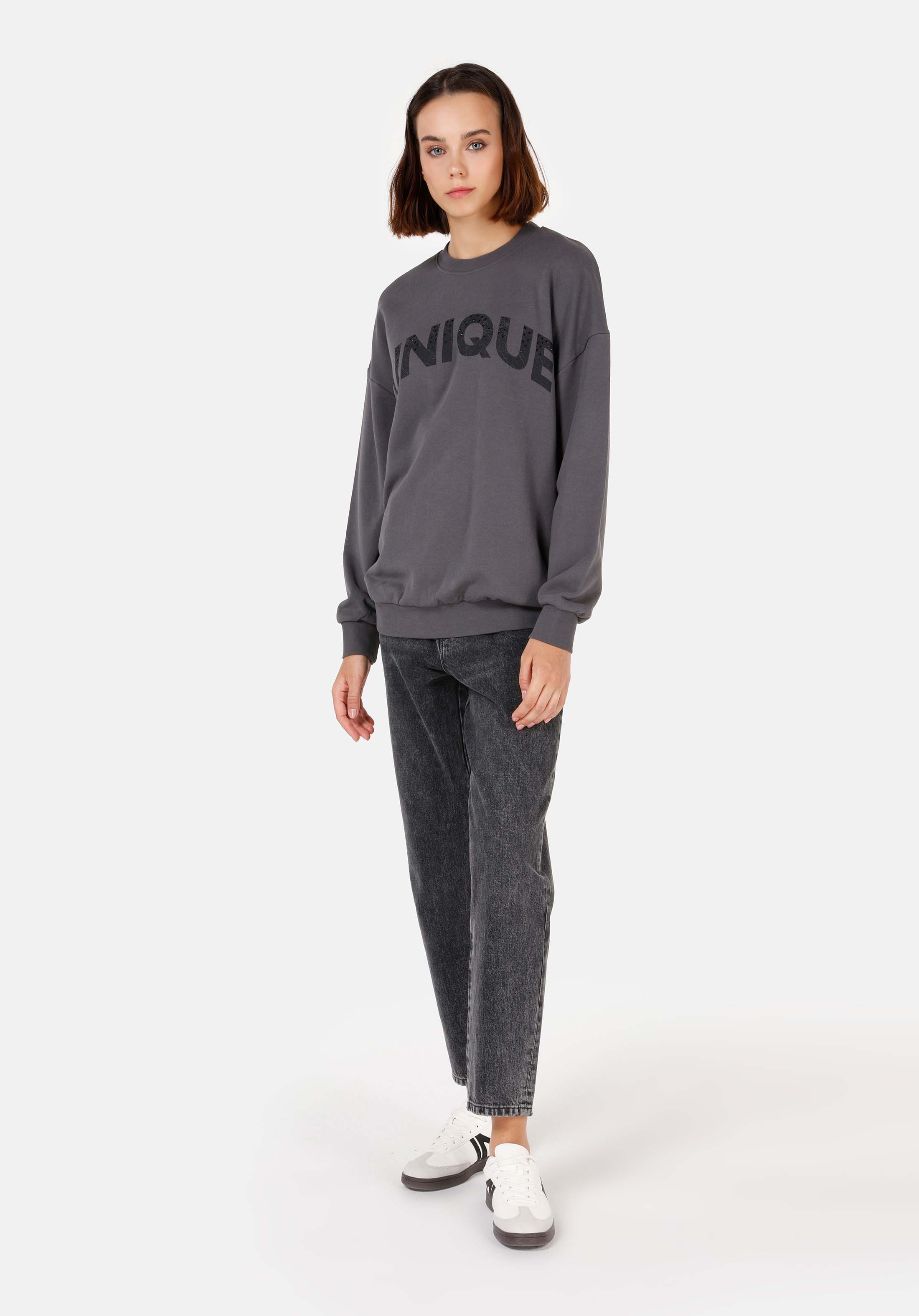 Comfort Fit Yuvarlak Yaka  Kadın Antrasit Sweatshirt