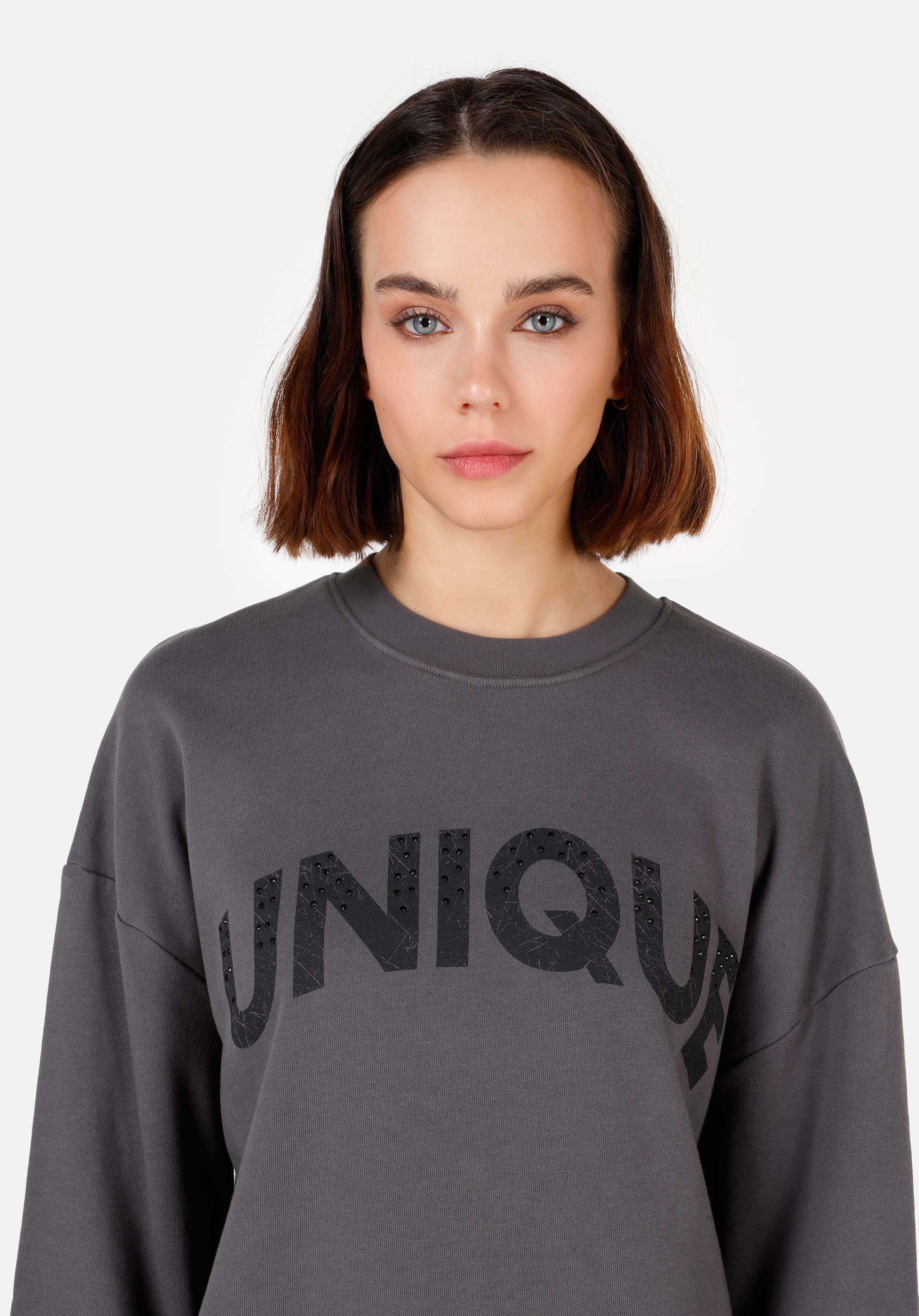 Comfort Fit Yuvarlak Yaka  Kadın Antrasit Sweatshirt