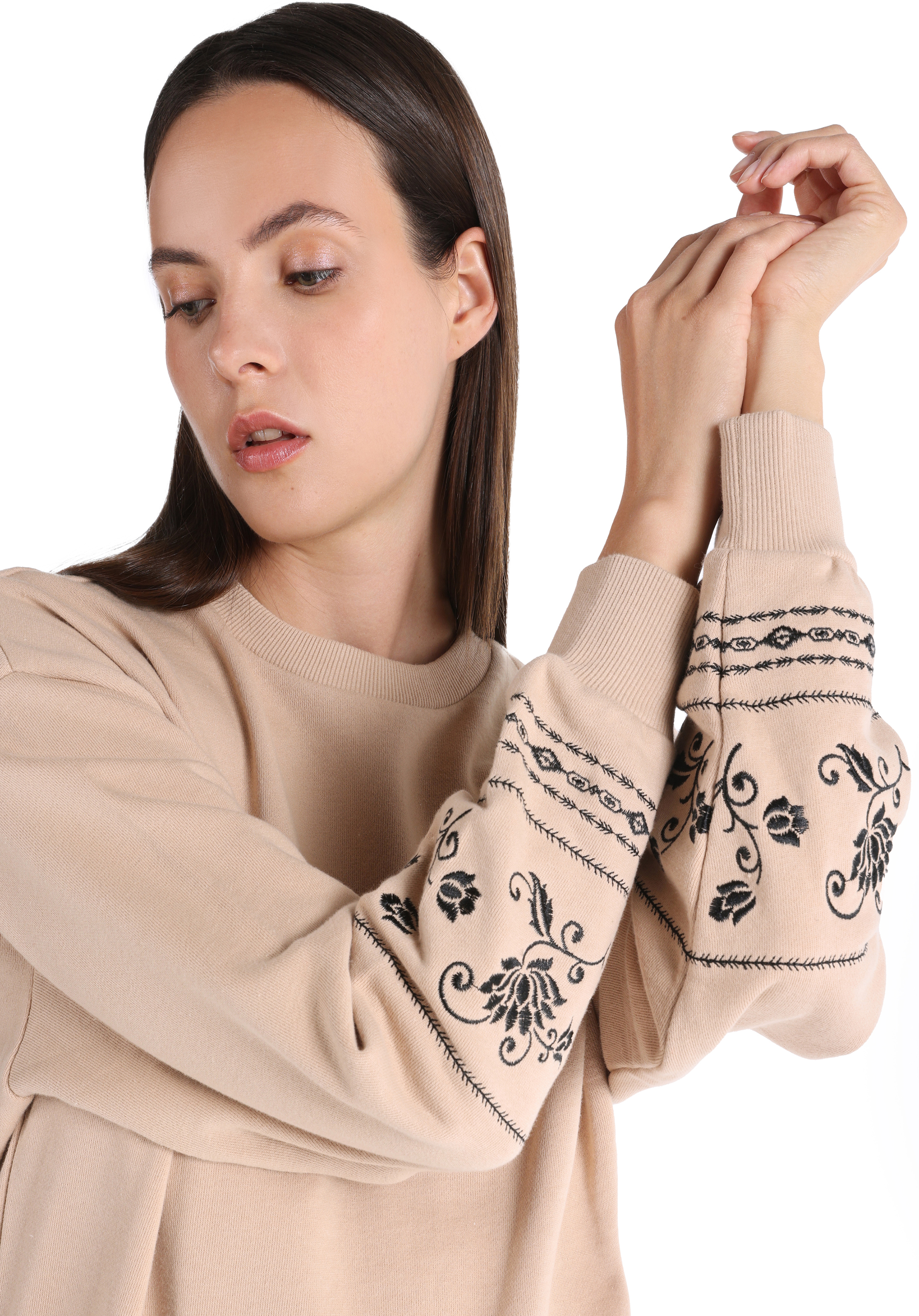 Regular Fit Yuvarlak Yaka Nakışlı Kadın Bej Sweatshirt